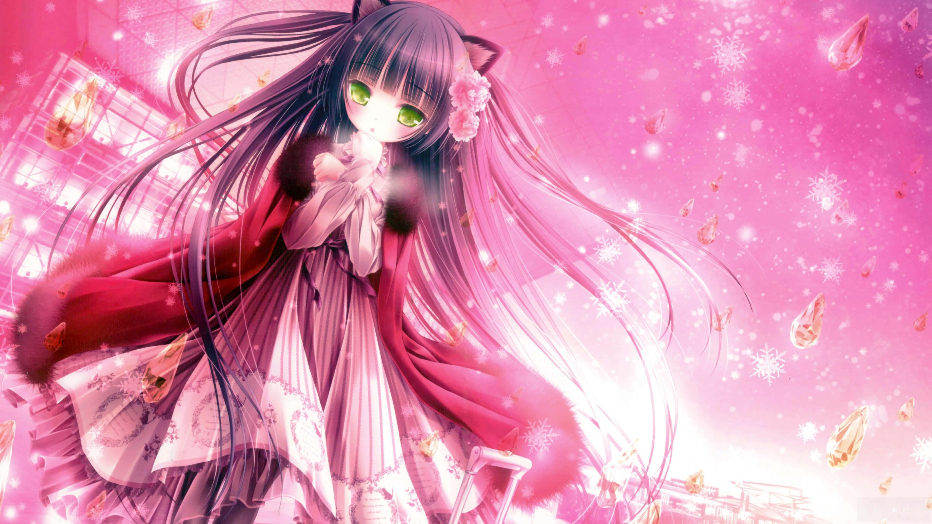 neko 桌布 壁紙 — 一位貓耳動漫少女，擁有發光的綠色眼睛和長長的黑髮，漂浮在閃閃發光的粉紅色冬季場景中，雪花和晶體飄落。