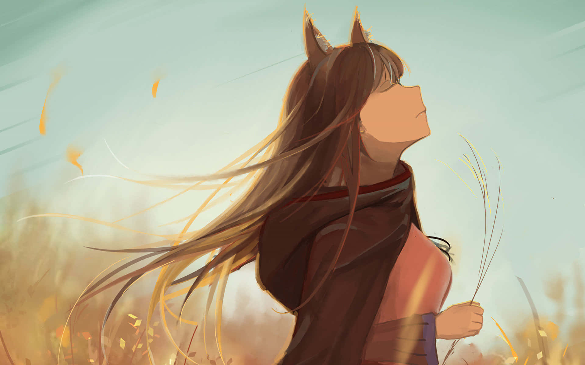 Spice And Wolf 桌布 壁紙 — 一位貓耳動漫少女，棕色長髮飄逸，站在金色田野中，手持青草，沐浴在溫暖的陽光下。