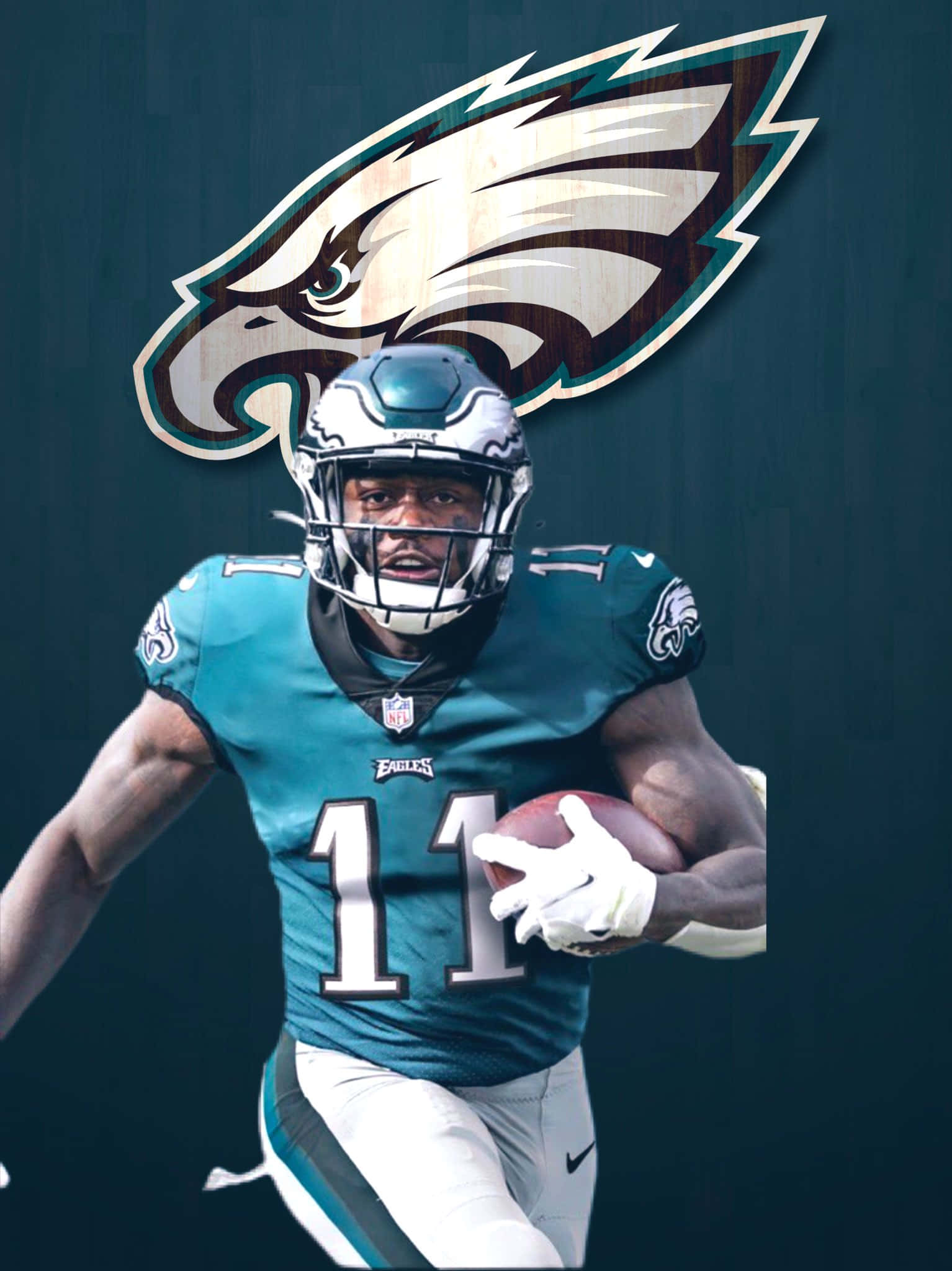 NFL Teams 桌布 壁紙 — 一位費城老鷹隊的美式足球員，身穿青綠色11號球衣，在深色背景的巨大球隊標誌下帶球奔跑。