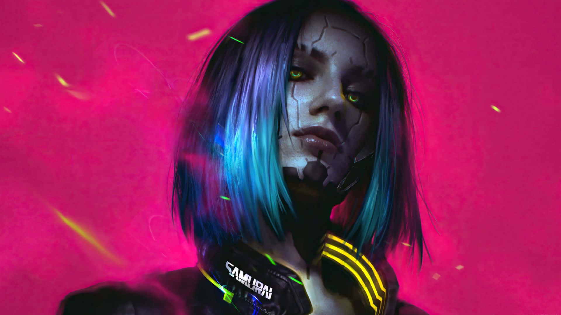 Cyberpunk 2077 Characters 桌布 壁紙 — 一位賽博龐克女性，擁有發光的眼睛和裂開的臉龐，背景是充滿活力的粉紅色霓虹燈。