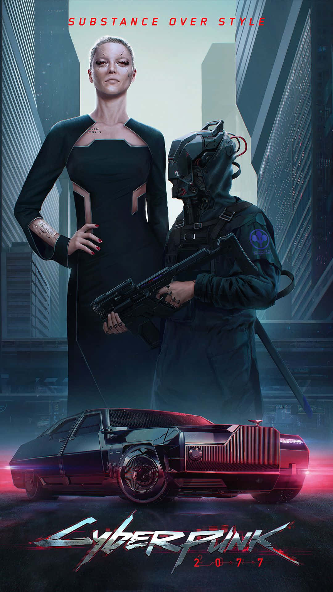 Pixel 3xl Cyberpunk 2077 桌布 壁紙 — 一位賽博龐克女性和裝甲人物站在霓虹燈照亮城市景觀中一輛發光的汽車旁。