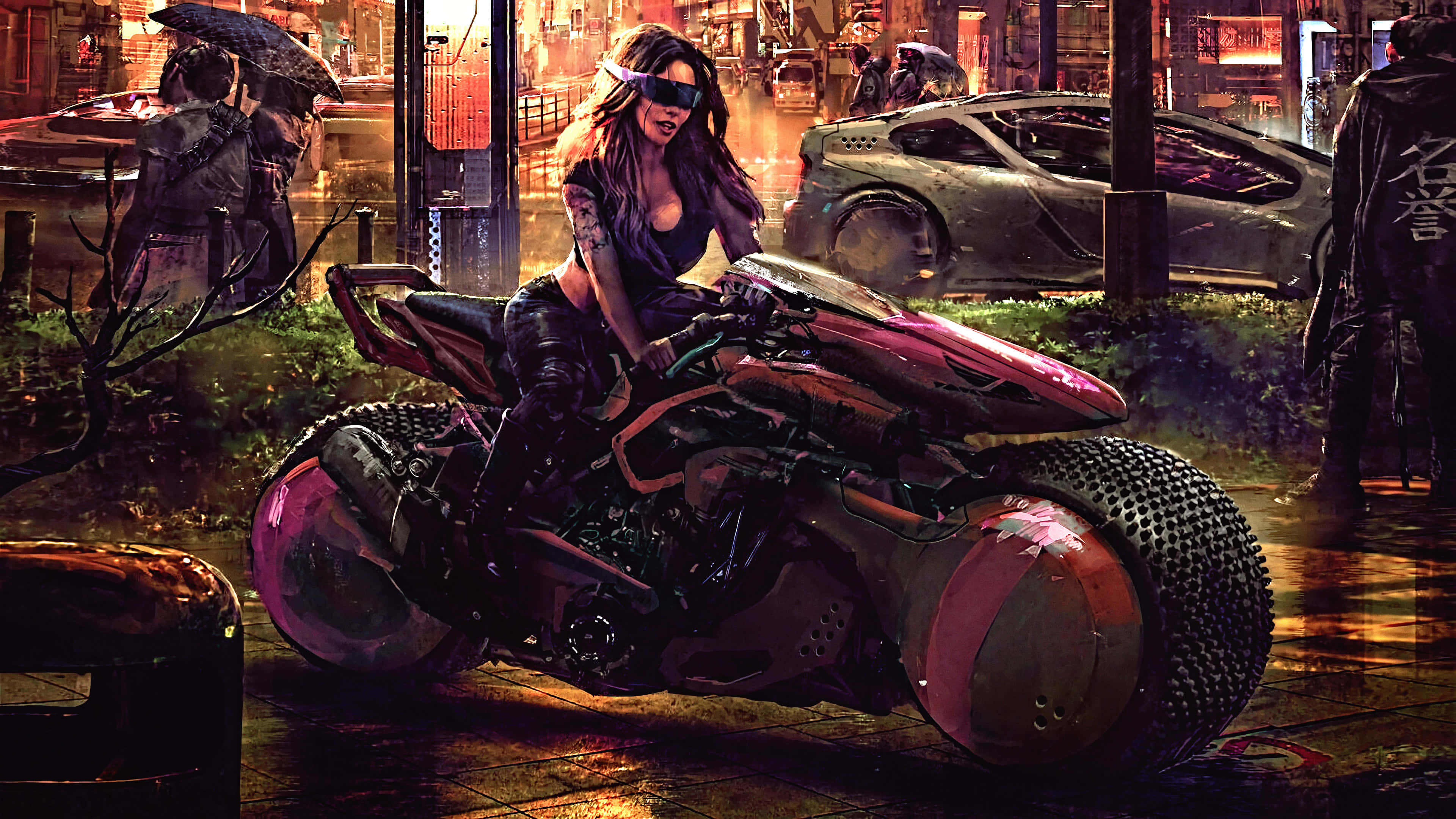 Woman 桌布 壁紙 — 一位賽博龐克女性在夜晚騎著未來風格的機車，穿過霓虹燈閃爍的雨街。