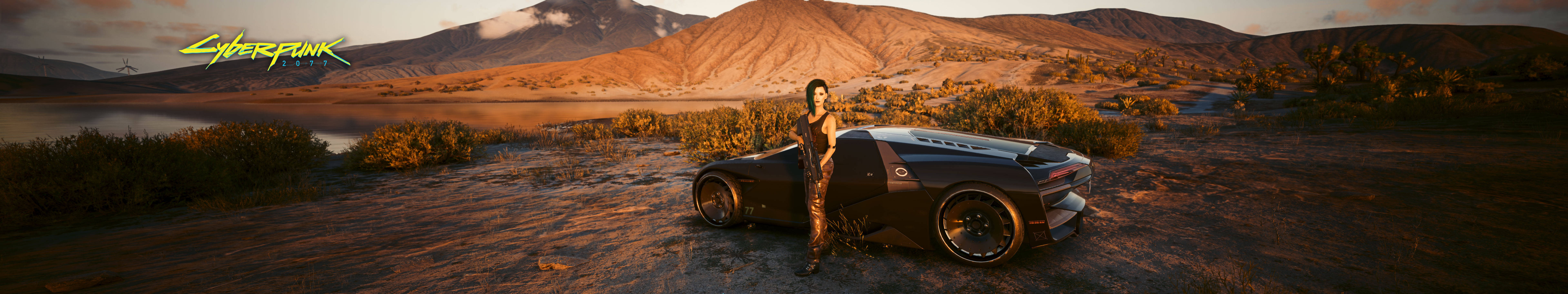 Cyberpunk 2077 桌布 壁紙 — 一位賽博龐克女性站在沙漠中，夕陽西下，背景有山脈，身旁是一輛時尚的黑色跑車。