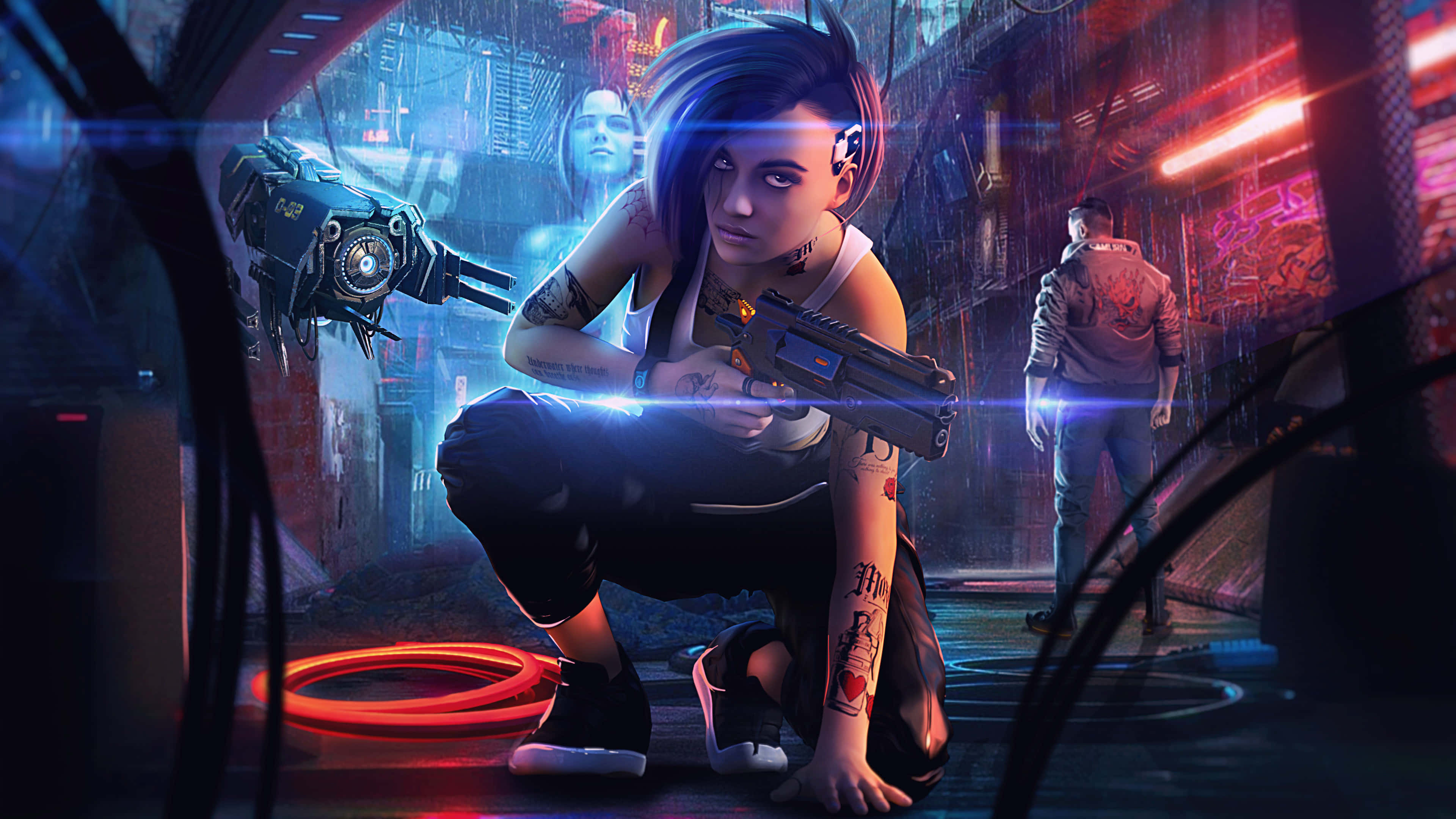 Sci Fi Games 桌布 壁紙 — 一位賽博龐克女性蹲在霓虹燈閃爍、雨水浸濕的小巷中，手持發光武器，附近有一個漂浮的機械手臂。