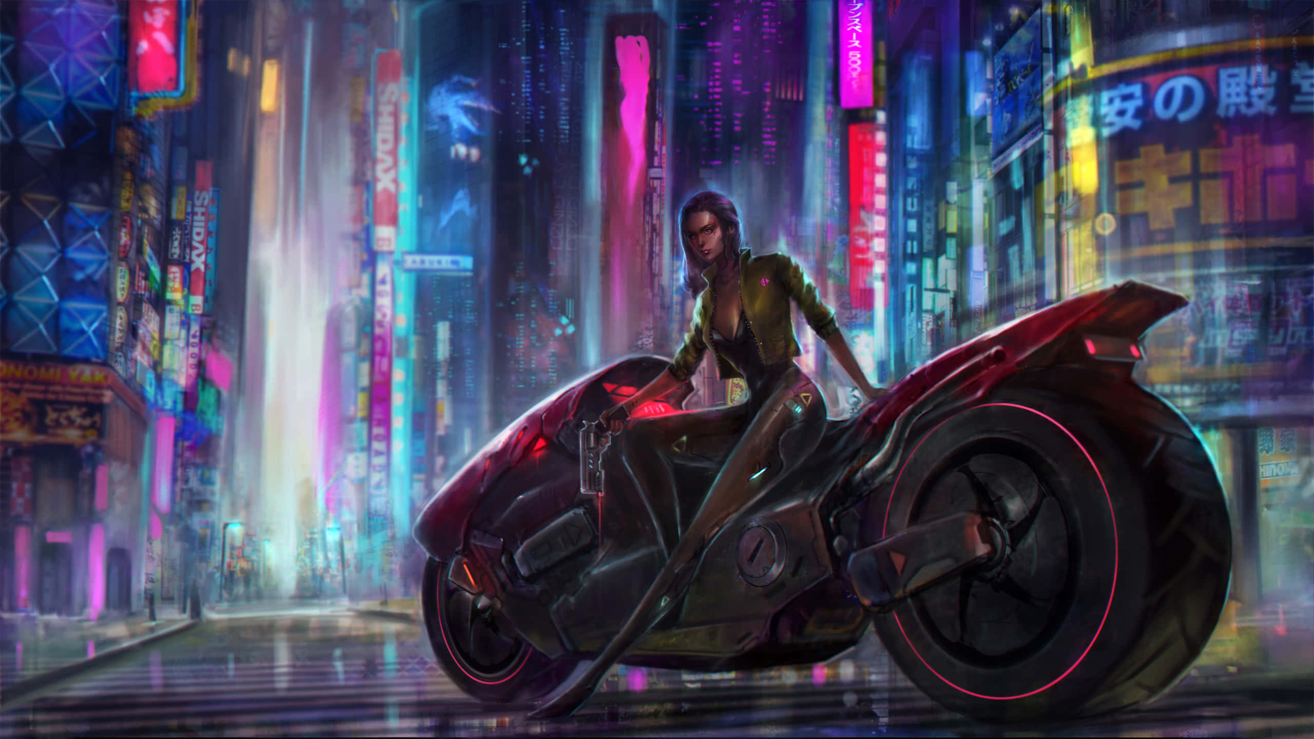 Cyberpunk Aesthetic 桌布 壁紙 — 一位賽博龐克女性騎著一輛發光的紅色機車，穿過一條霓虹燈閃爍、雨水浸濕的未來城市街道。