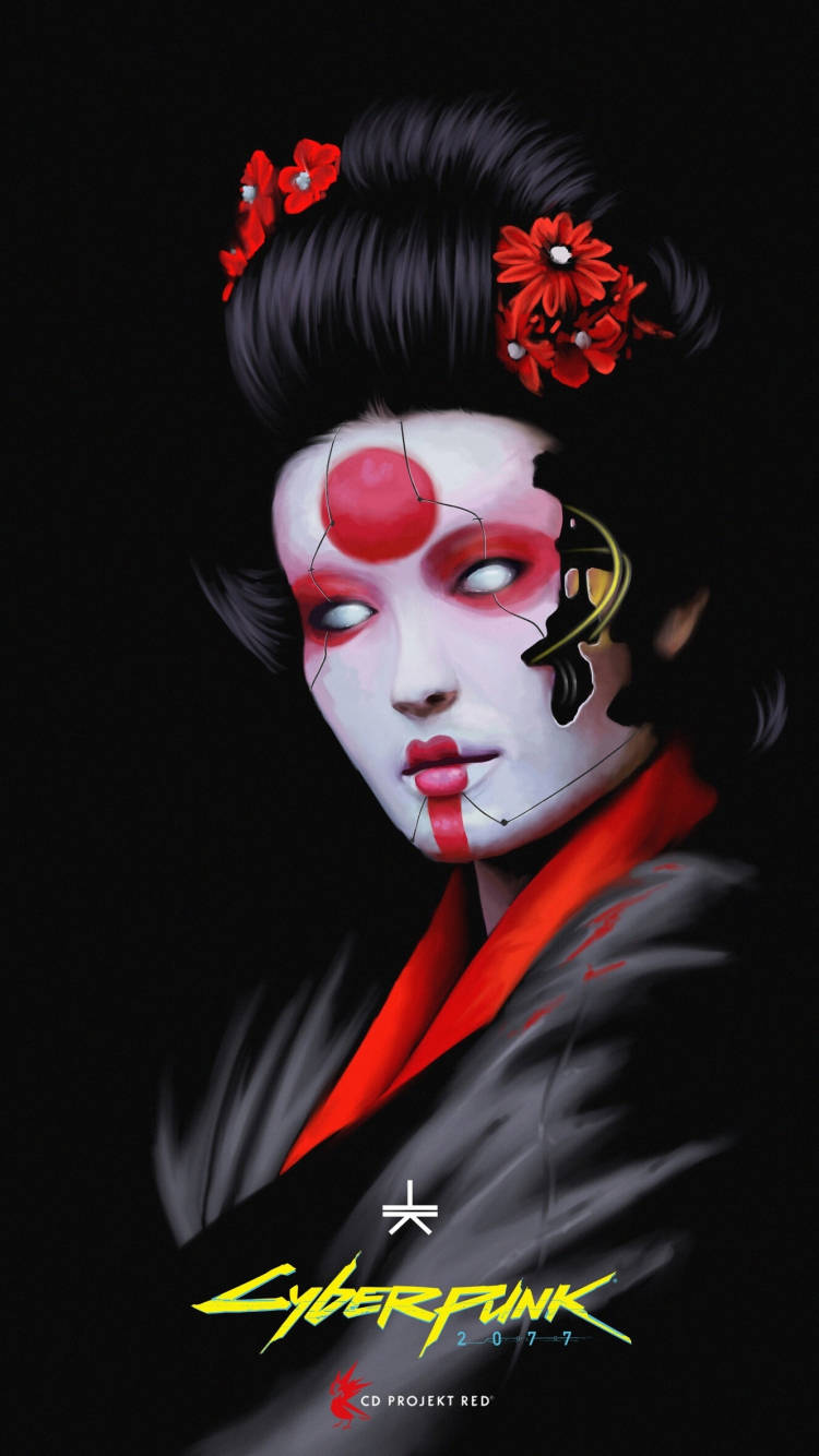 賽博龐克藝妓，妝容帶有裂紋，頭髮上飾有紅花。