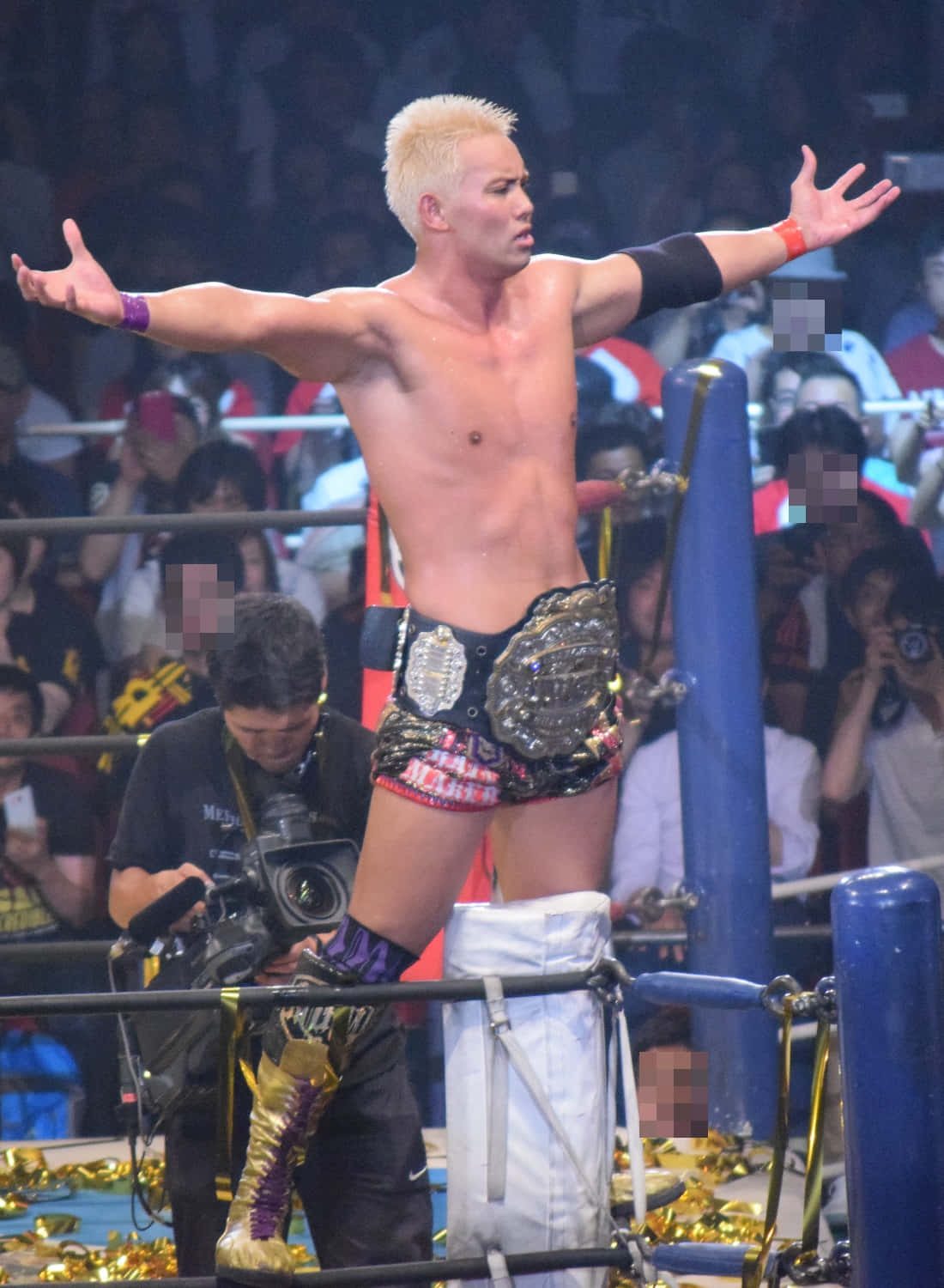 Champion 桌布 壁紙 — 一位赤裸上身、金髮的摔角手，穿著閃閃發光的短褲和靴子，雙臂伸展，勝利地站在摔角場的角柱上。