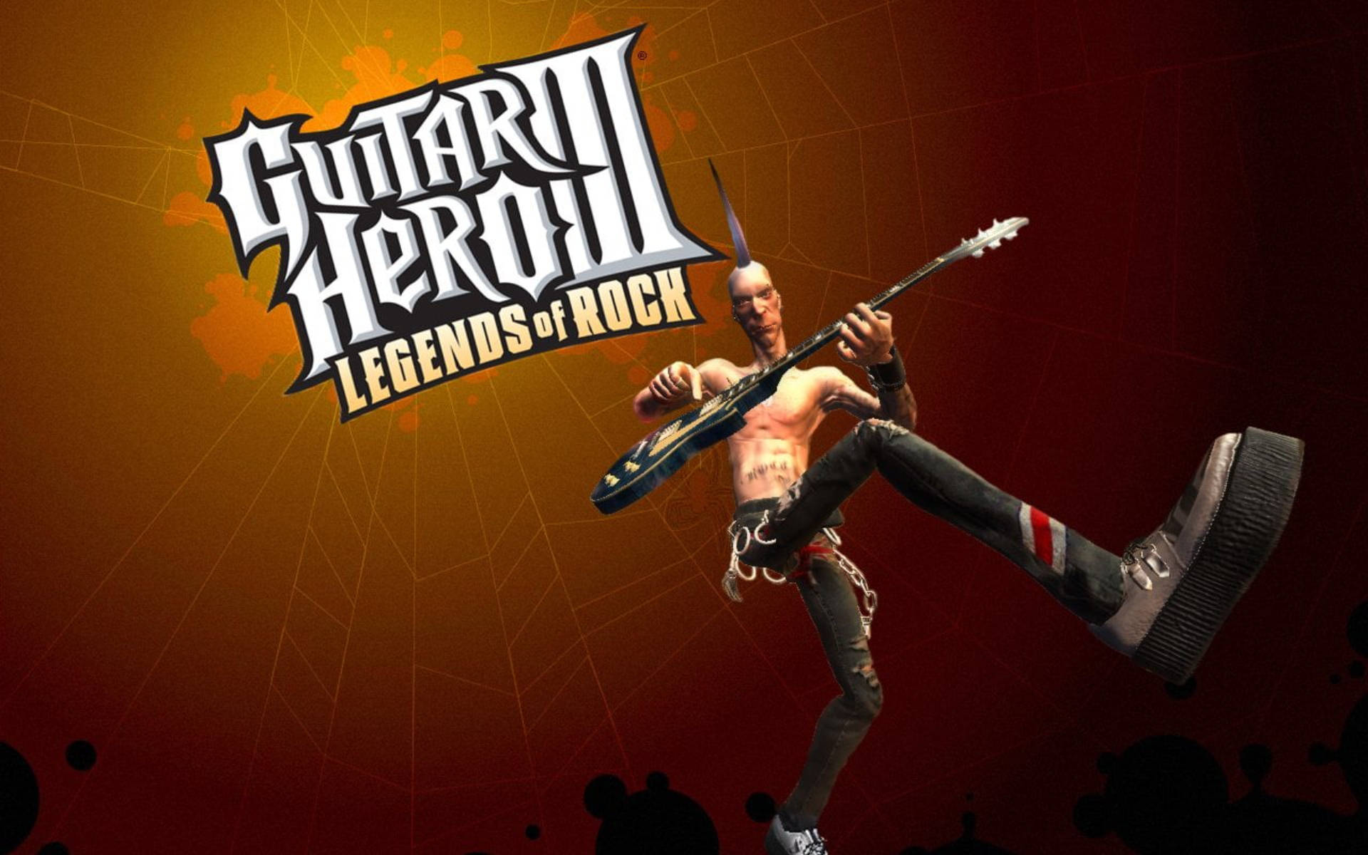 《Guitar Hero III Legends of Rock》遊戲封面，展示一位赤裸上身的吉他手在半空中動作。 — 吉他英雄 壁紙