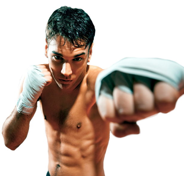 martial arts 桌布 壁紙 — 一位赤裸上身的男性拳擊手，纏著繃帶的拳頭，在黑色背景下專注地向前凝視。