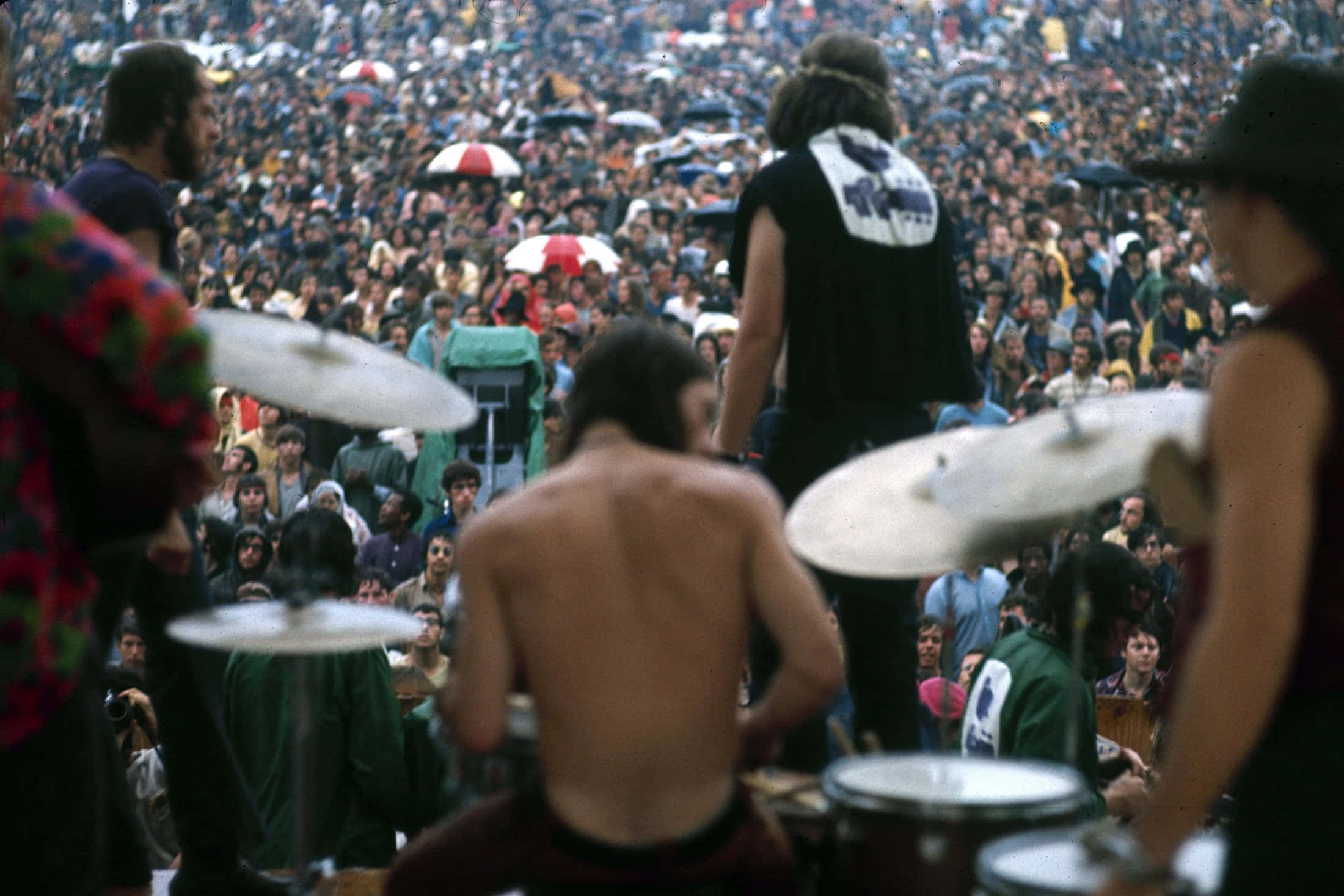 woodstock 桌布 壁紙 — 一位赤裸上身的鼓手在舞台上演奏，台下是大量被雨淋濕、撐著傘的群眾。