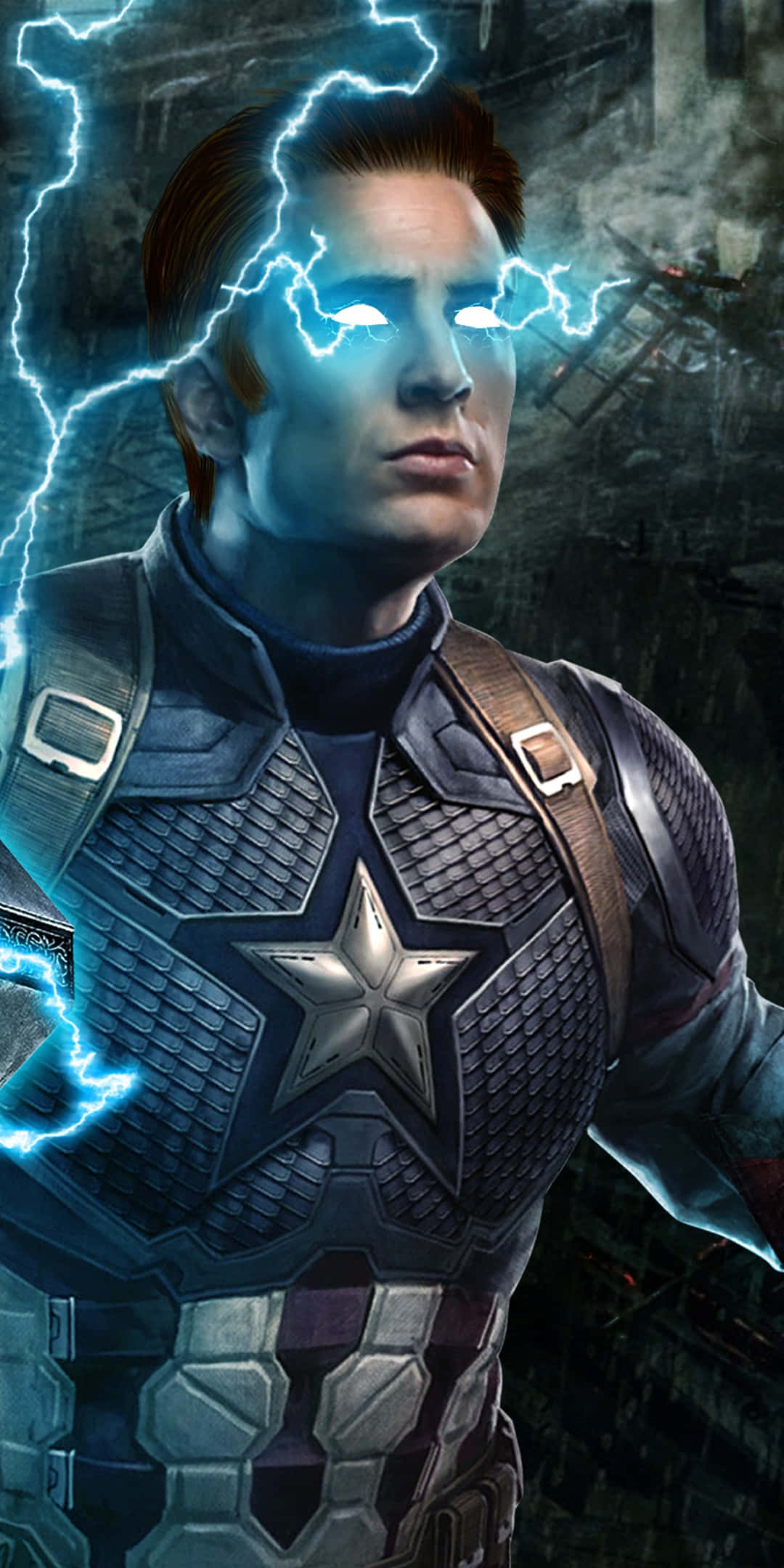 Avengers Movie 桌布 壁紙 — 一位超級英雄，在黑暗的城市廢墟中，藍色發光的眼睛和閃電在他頭頂劈啪作響。