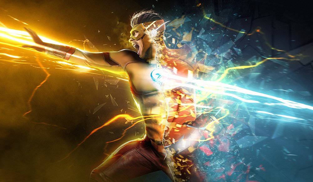 Flash 桌布 壁紙 — 一位超級英雄以爆炸性能量向前衝刺，閃電在他身體周圍劈啪作響，玻璃在他身後碎裂。