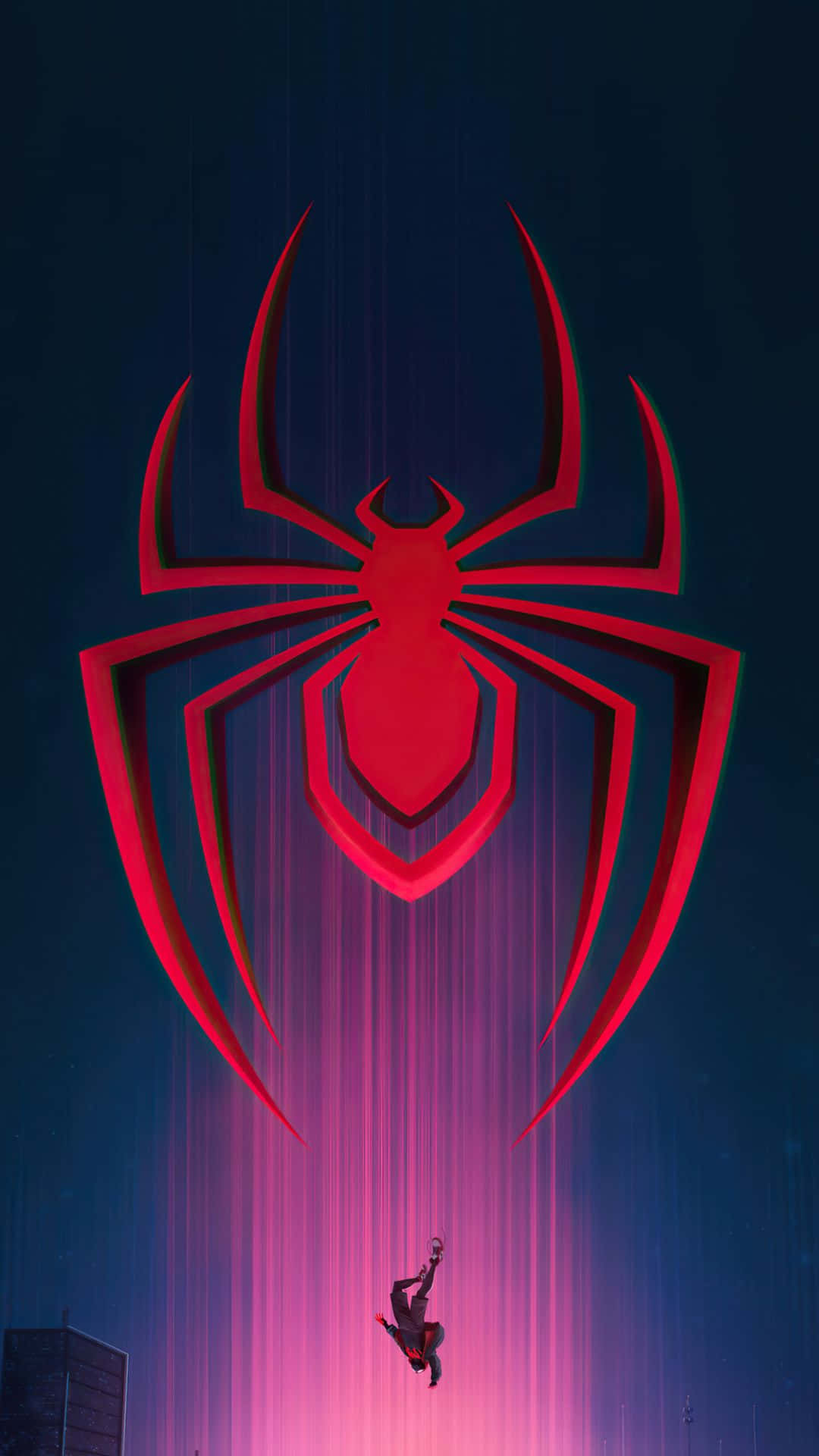 Red Spider 桌布 壁紙 — 一位超級英雄在夜間於一個巨大的發光紅色蜘蛛標誌下擺盪，背景是充滿活力的粉紅色和藍色霓虹城市景觀。