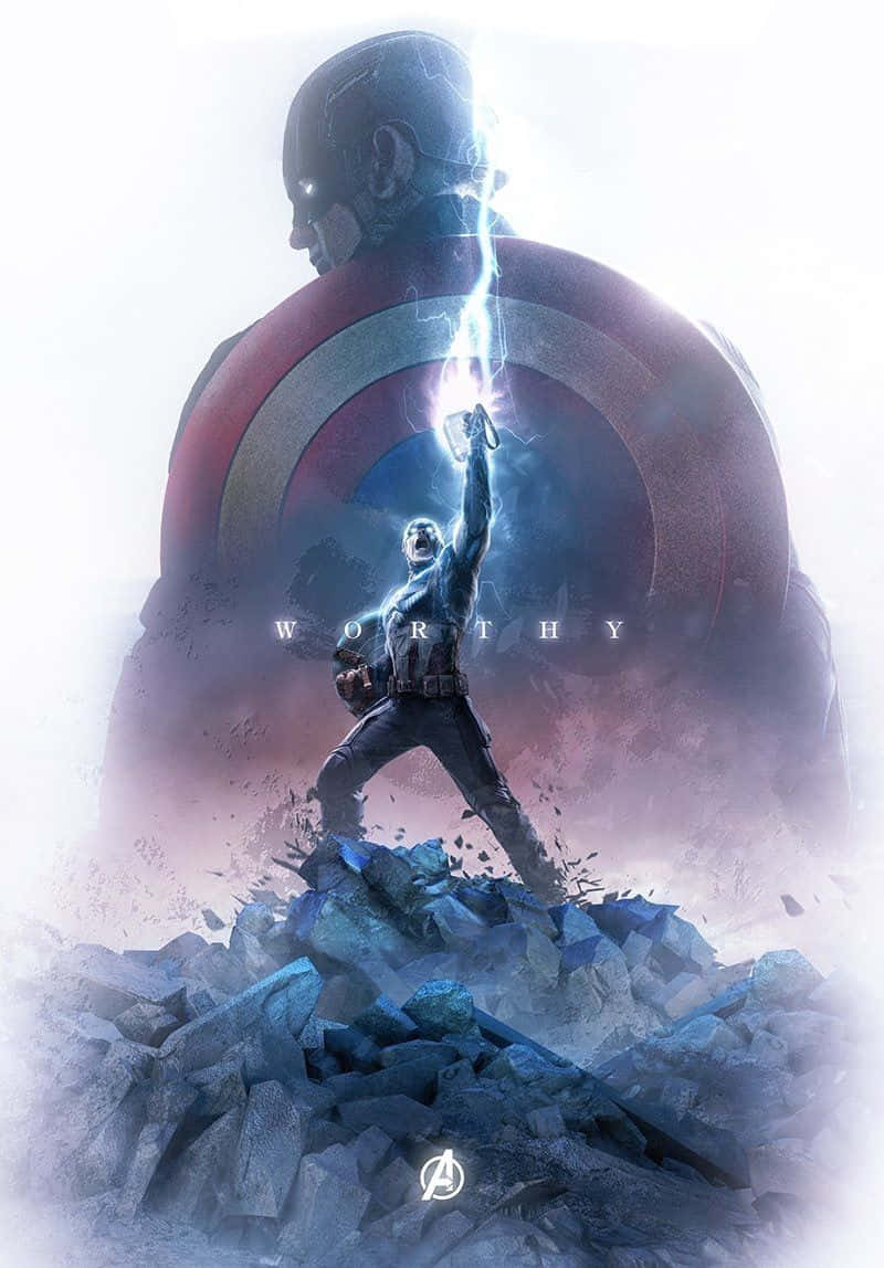 Captain America iPhone 桌布 壁紙 — 一位超級英雄挑釁地站在瓦礫上，手持發光的錘子，身後有一個巨大的美國隊長剪影。