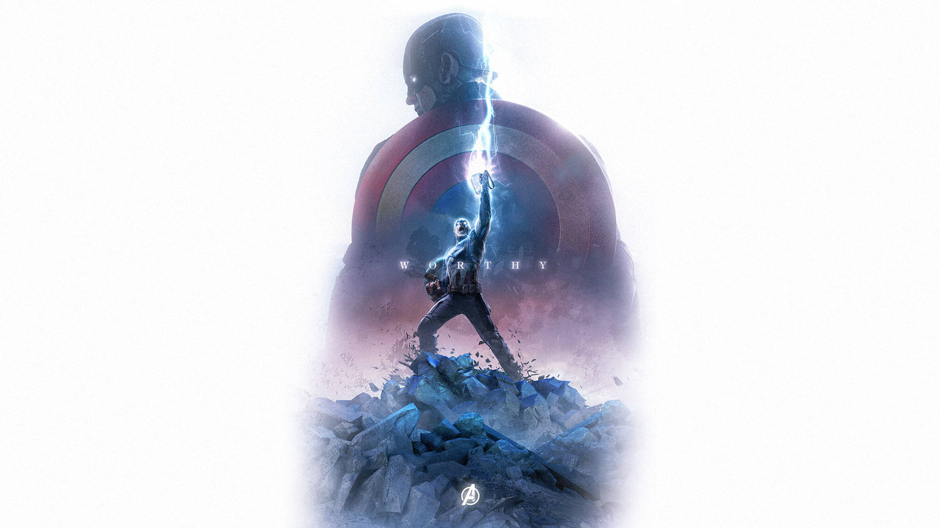 Marvel Captain America 桌布 壁紙 — 一位超級英雄站在瓦礫上，舉起發光的錘子，身後有一個巨大的美國隊長剪影。