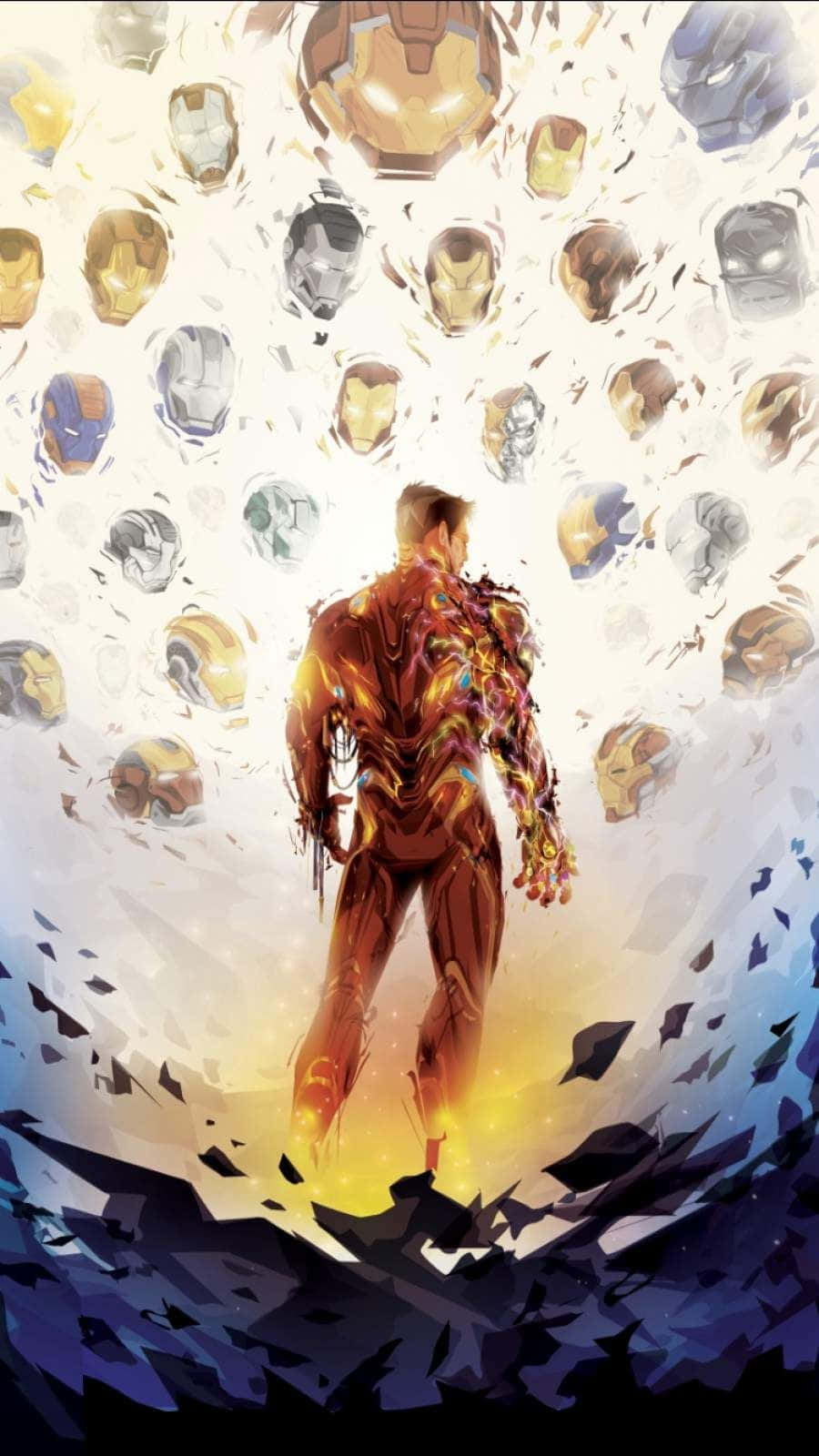 Iron Man Fan Art 桌布 壁紙 — 一位超級英雄背光站在破碎天空背景下漂浮的鋼鐵人頭盔的耀眼爆炸中。