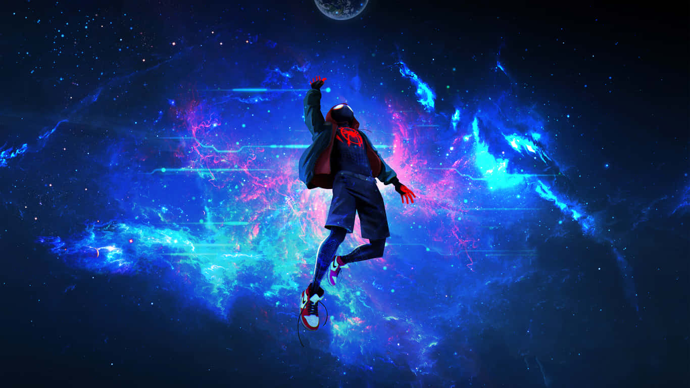 1366x768 桌布 壁紙 — 一位超級英雄跳過充滿活力的宇宙星雲，帶有發光的藍色和粉紅色雲朵以及上方的月亮。