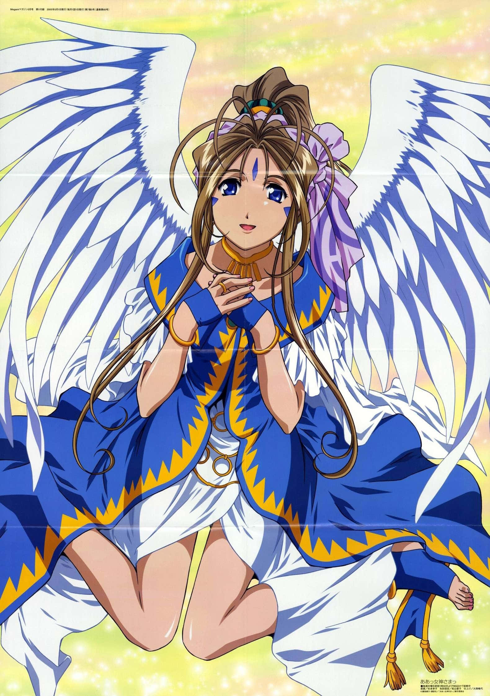 Ah My Goddess 桌布 壁紙 — 一位跪著的動漫天使，擁有巨大的白色翅膀和藍金色長袍，在發光的金色背景下溫柔微笑。