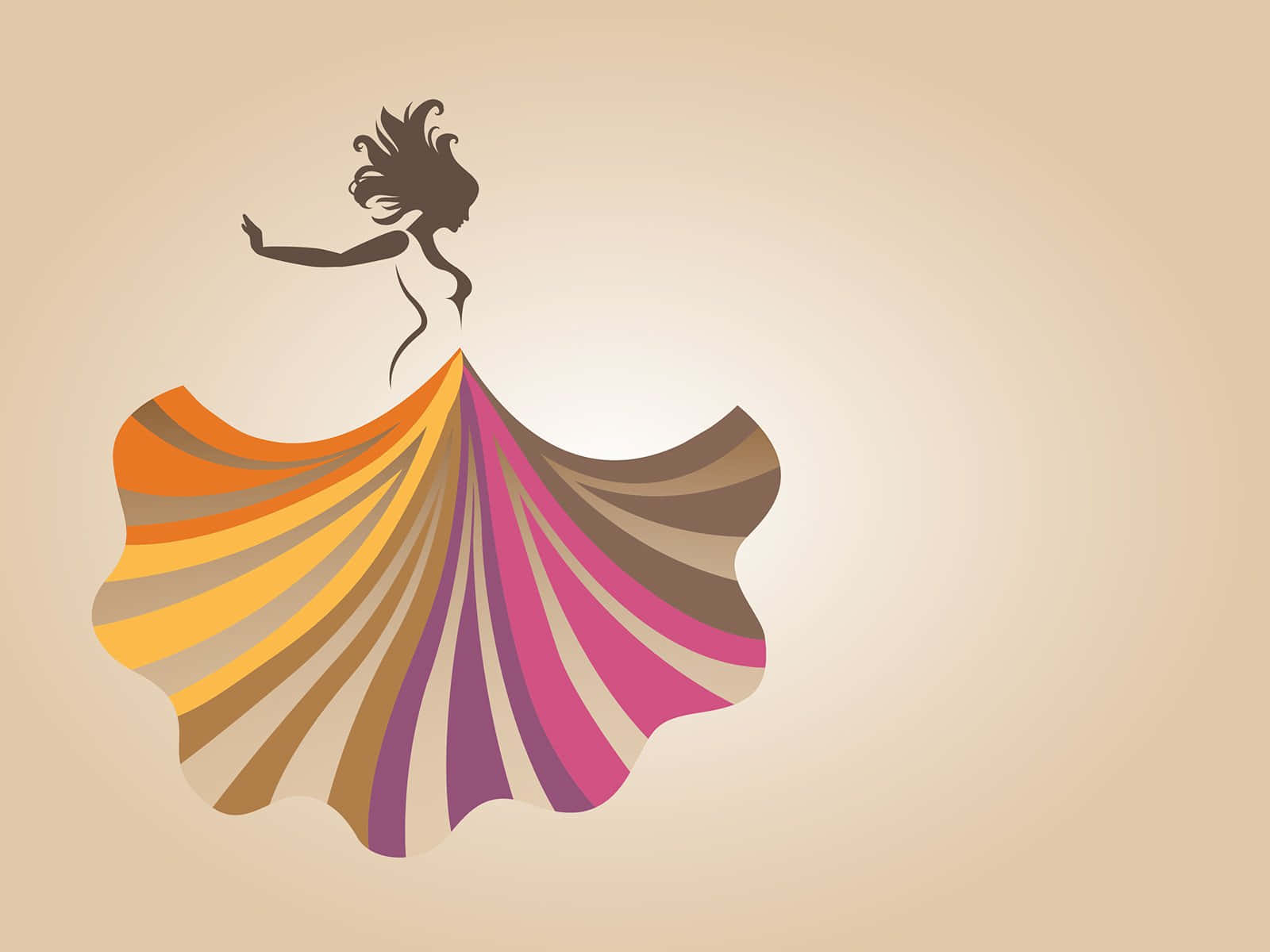 Clothing Design 桌布 壁紙 — 一位跳舞女性的剪影，穿著充滿活力的條紋連衣裙，在柔和的米色背景上旋轉舞動。