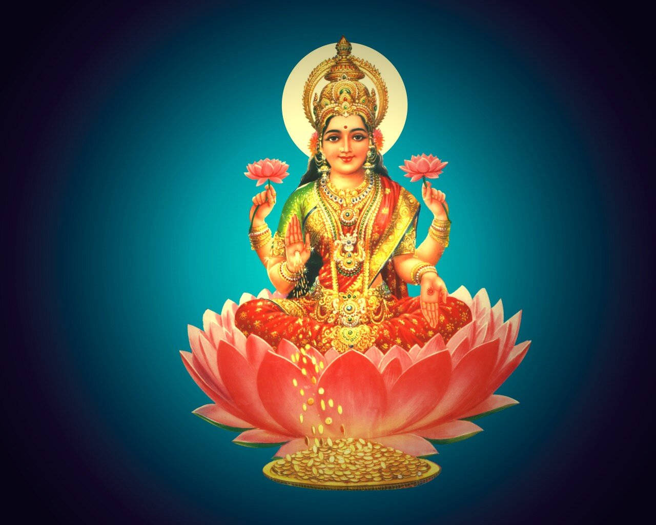 Lakshmi Devi 桌布 壁紙 — 一位身披金紅色的神聖女神，安詳地坐在盛開的粉紅蓮花上，背景是燦爛的藍色漸變。