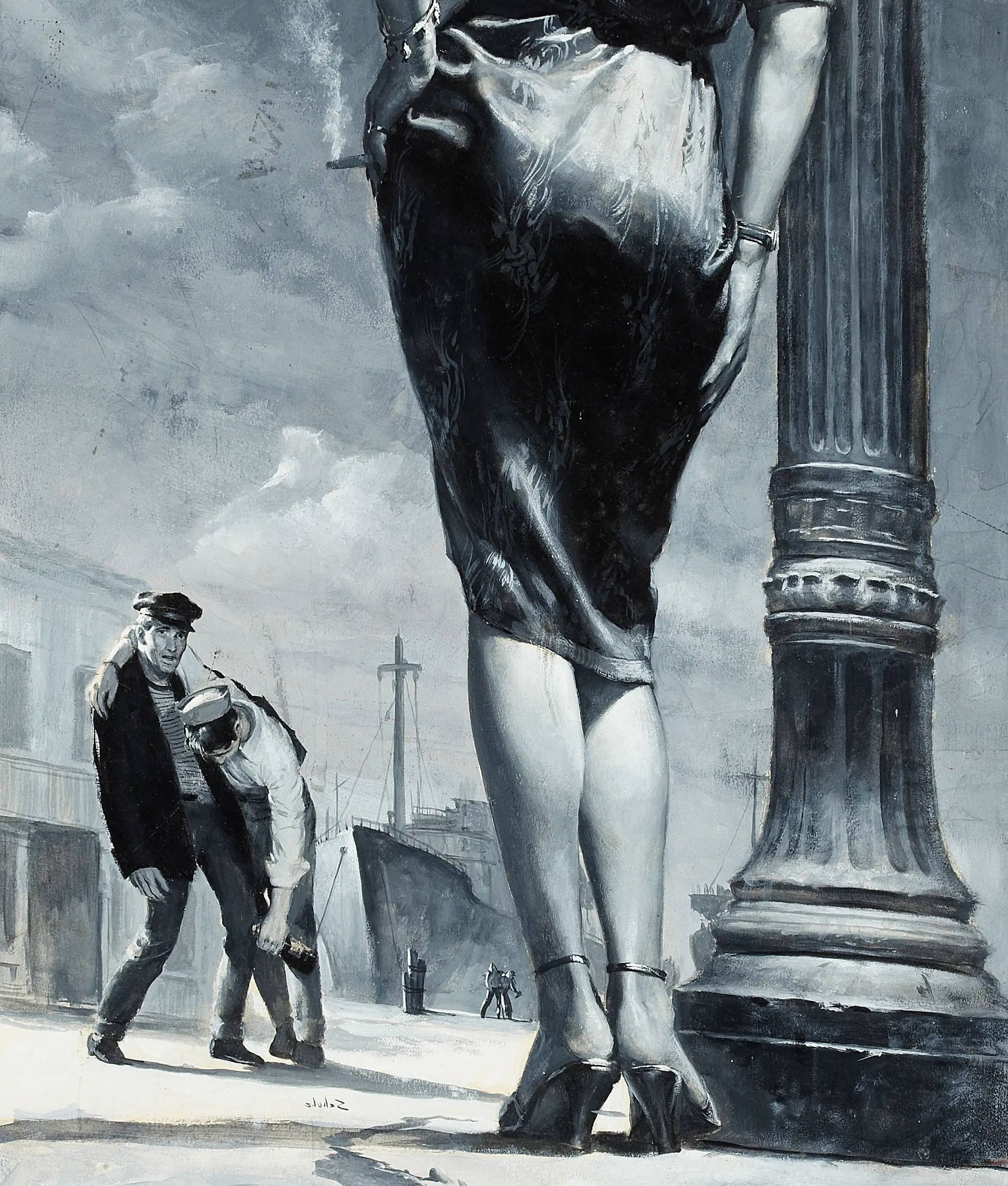 Woman 桌布 壁紙 — 一位身材高挑的女性穿著時尚連衣裙和高跟鞋，靠著街燈柱，兩個男人在充滿氛圍的城市街道上敬畏地仰望。