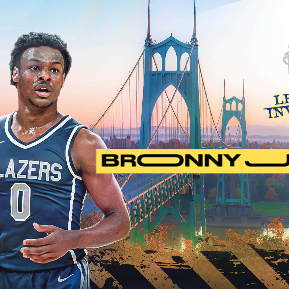 Bronny James 桌布 壁紙 — 一位身穿 Blazers 球衣的籃球運動員站在日落時分的青綠色橋樑前，周圍有秋樹和一個醒目的黃色名字橫幅。