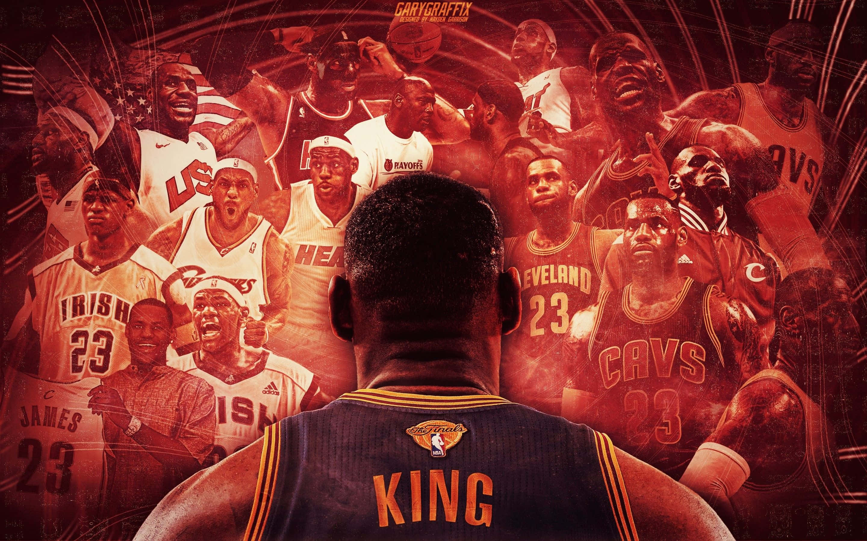 King LeBron James 桌布 壁紙 — 一位身穿「KING」球衣的籃球運動員，面對著以火紅色調呈現的自己標誌性比賽時刻的拼貼畫。