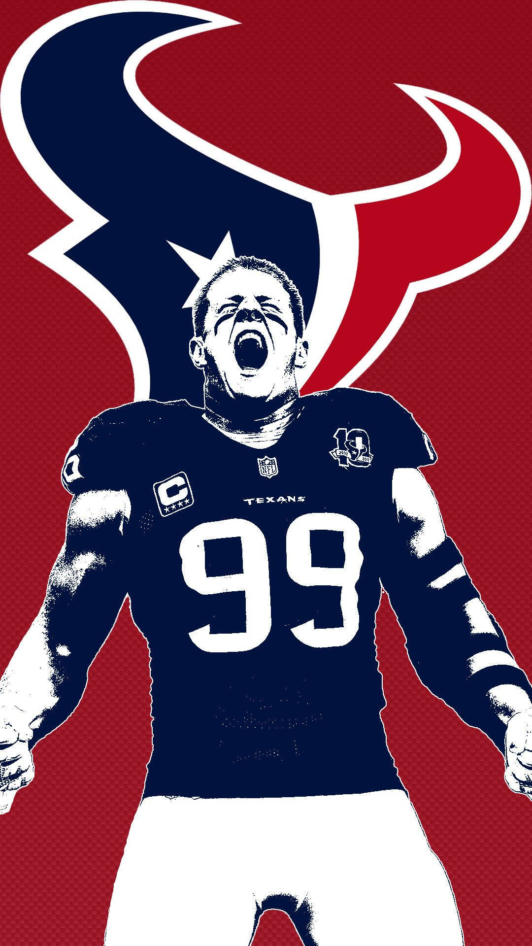 Texans 桌布 壁紙 — 一位身穿99號球衣的休士頓德州人美式足球員，在紅色背景前勇敢地咆哮，背景有球隊的公牛標誌。