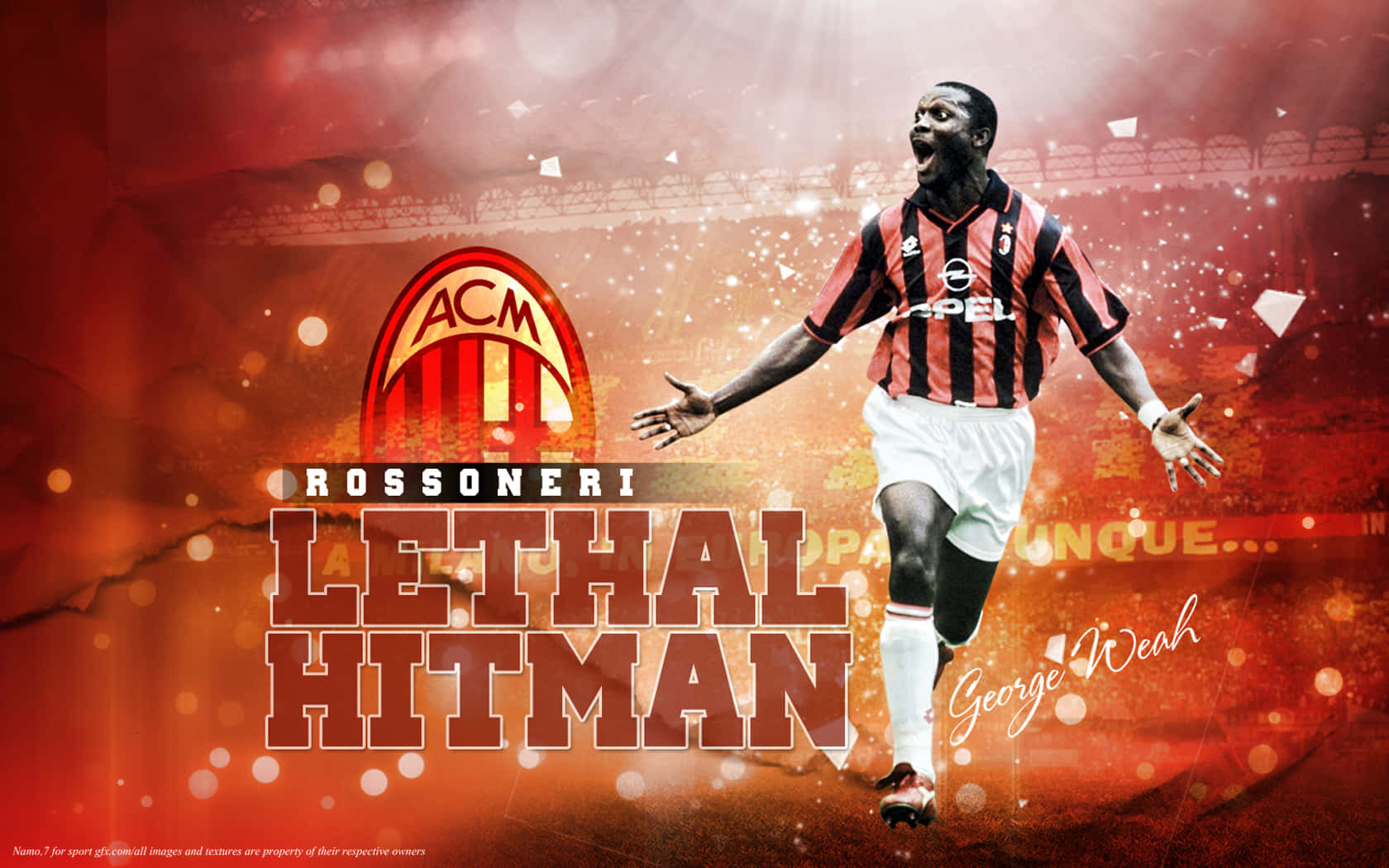 Ac Milan 桌布 壁紙 — 一位身穿AC米蘭球衣的動感足球員，在熾熱的球場背景下，伴隨著發光文字和五彩紙屑，勝利地慶祝。