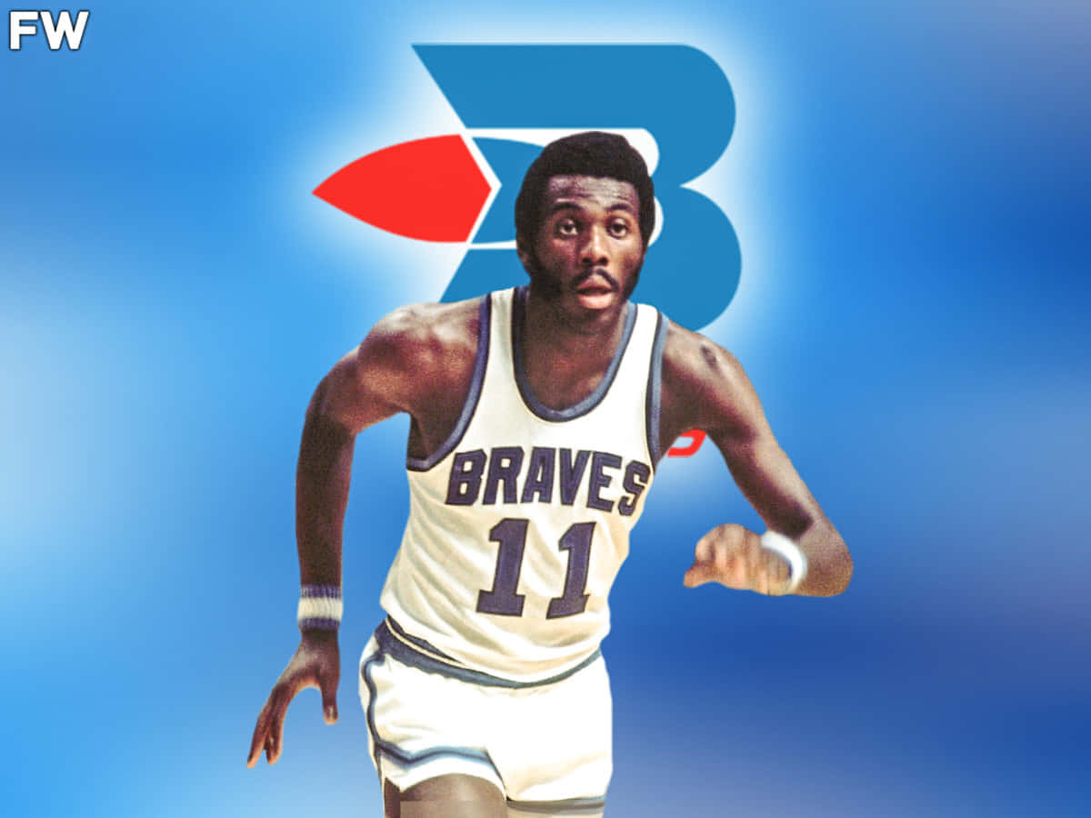 NBA 桌布 壁紙 — 一位身穿Braves球衣的復古籃球運動員在藍色漸變背景上動態奔跑，背景帶有風格化的球隊標誌。
