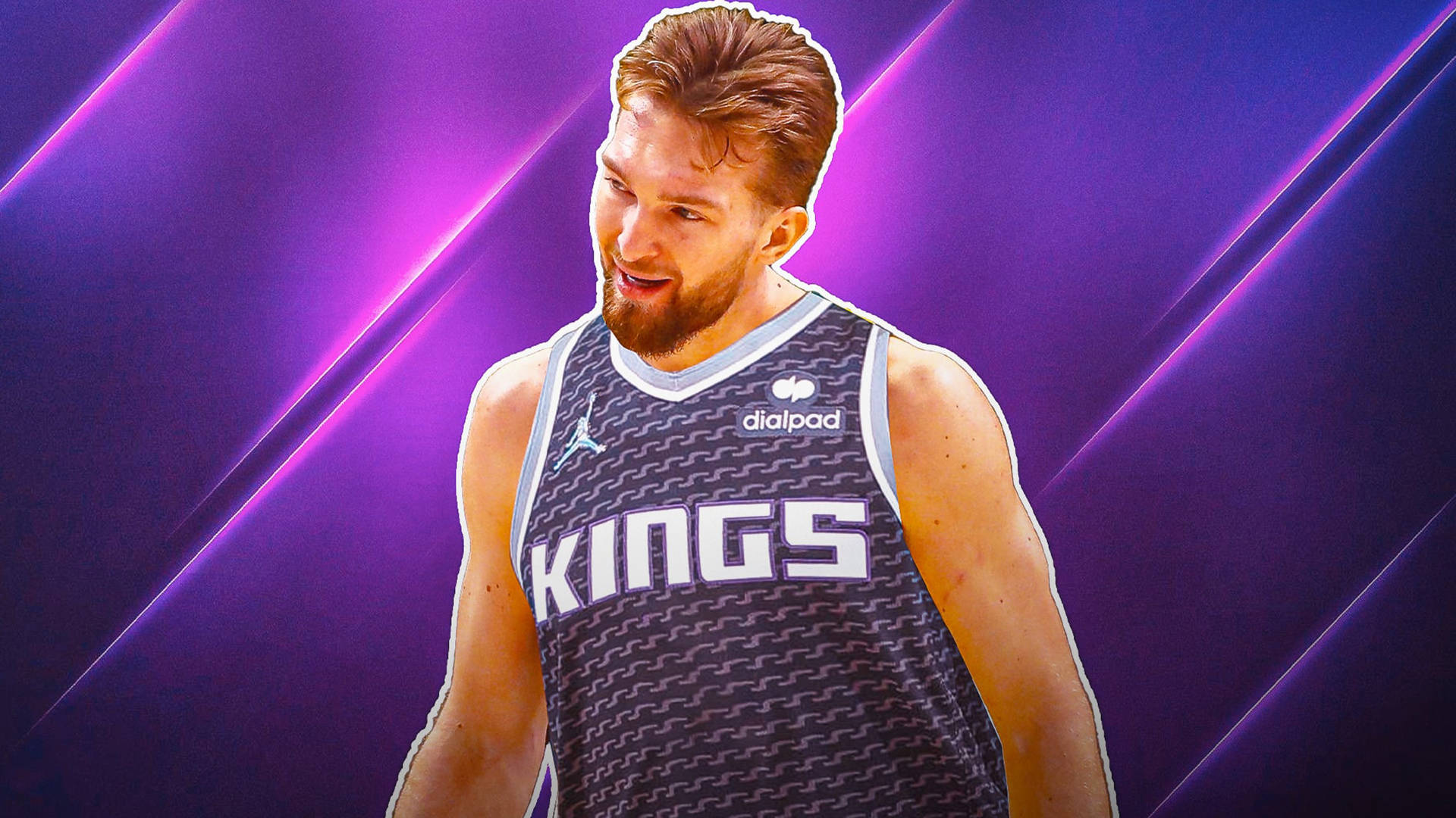 domantas sabonis 桌布 壁紙 — 一位身穿Kings球衣的籃球運動員在充滿活力的紫色霓虹燈背景下自信地微笑。