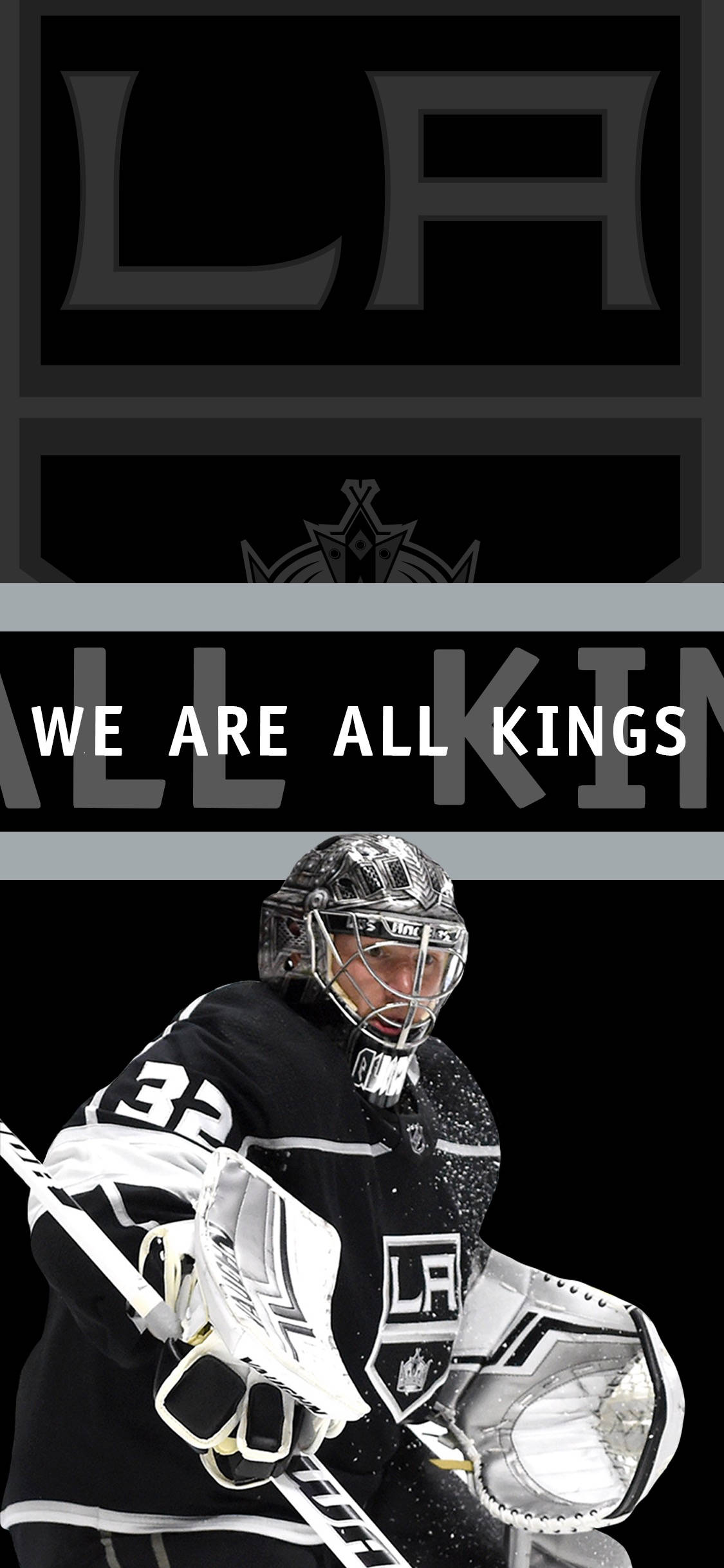Los Angeles Kings 桌布 壁紙 — 一位身穿LA Kings裝備的黑白曲棍球守門員準備就緒，上方有'WE ARE ALL KINGS'字樣。
