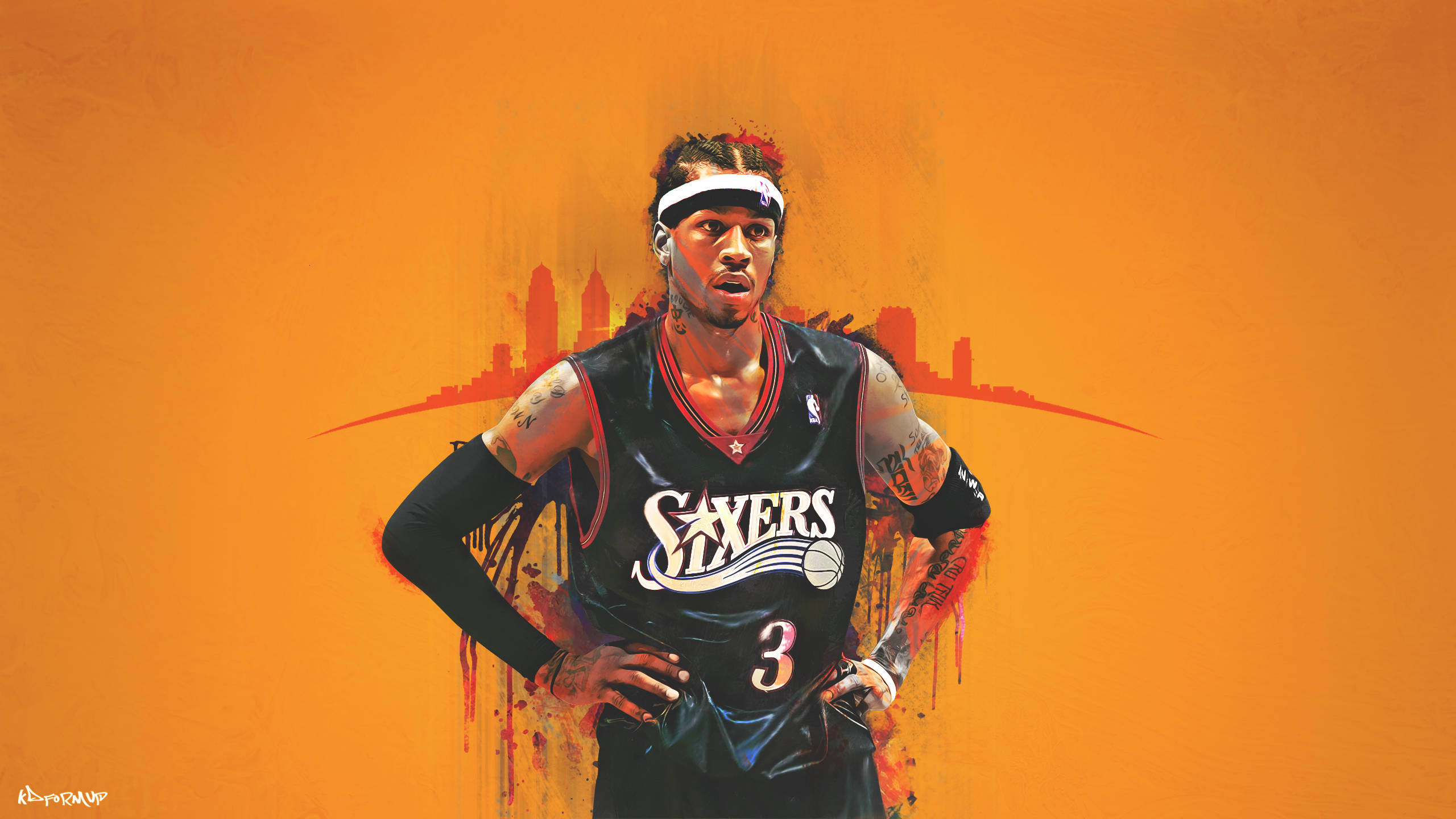 籃球 桌布 壁紙 — 一位身穿Sixers球衣的籃球運動員自信地站在橙色背景前，背景有城市天際線剪影。