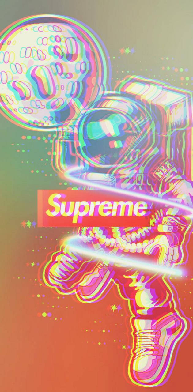 太空人美學 桌布 壁紙 — 一位身穿Supreme標誌套裝的霓虹色太空人，在漸變天空背景下漂浮於宇宙氣泡和閃爍星星之間。