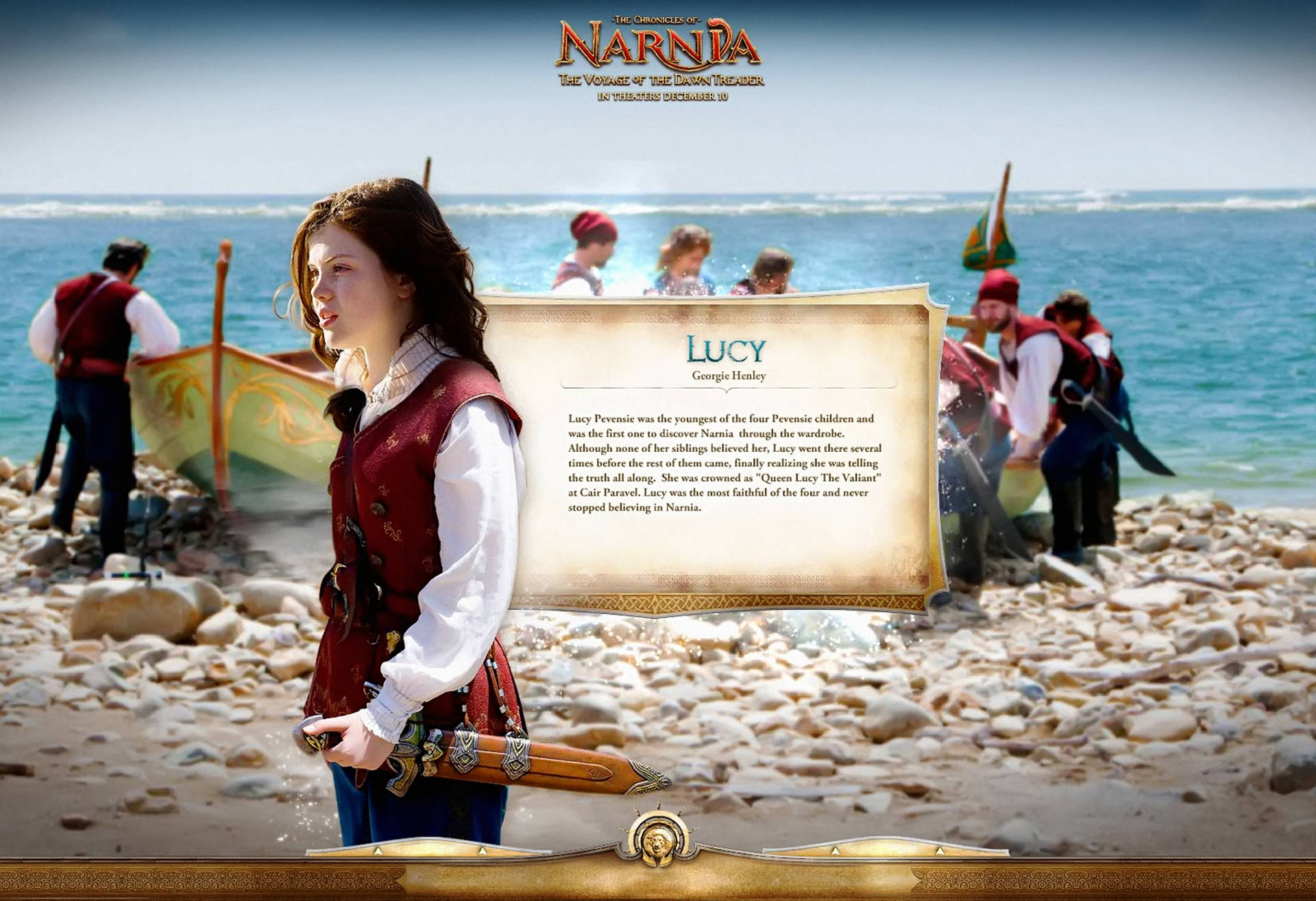 Narnia 桌布 壁紙 — 一位身穿中世紀風格服裝的年輕女孩站在岩石海灘上，手持一把劍，背景中其他人在晴朗的天空下準備船隻。