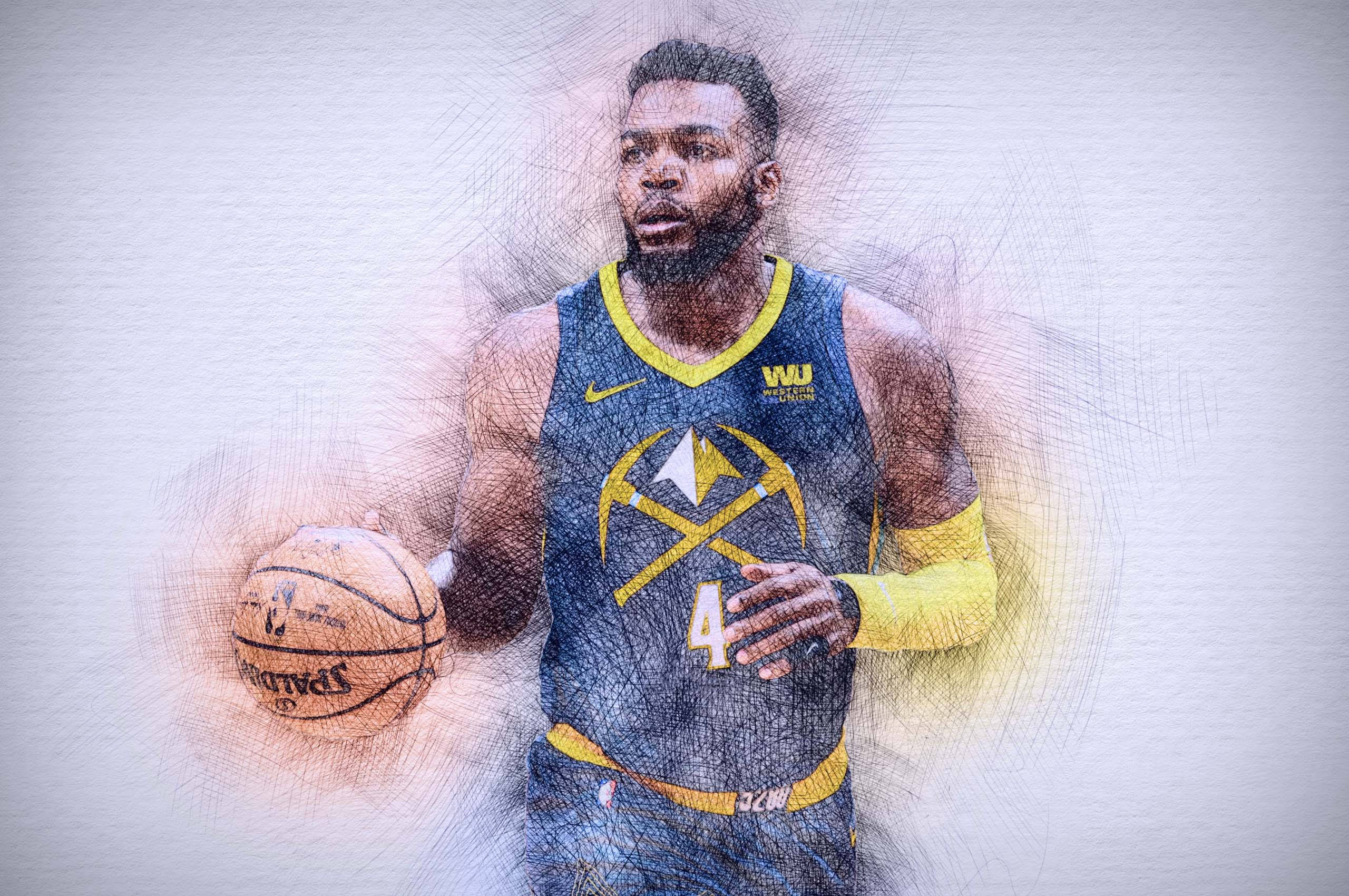 paul millsap 桌布 壁紙 — 一位身穿丹佛金塊球衣的籃球運動員，在紋理素描風格背景前拿著一個Spalding籃球。