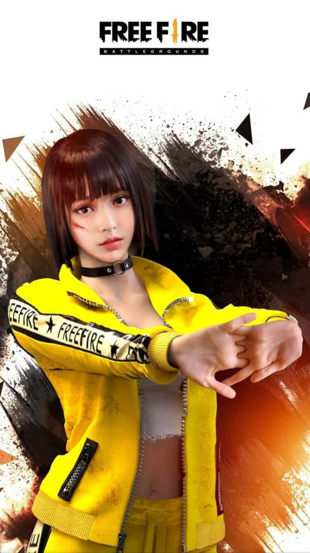 free fire 4K 桌布 壁紙 — 一位身穿亮黃色外套的風格化女性遊戲玩家，在帶有遊戲標誌的火熱抽象背景前自信地擺姿勢。