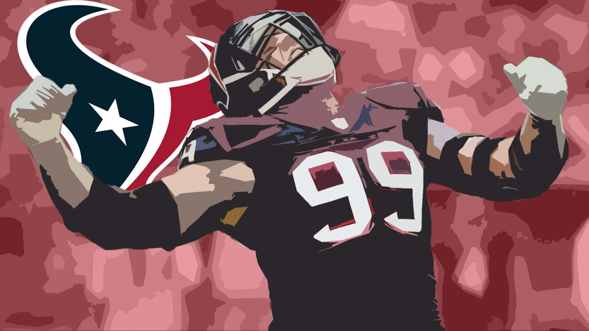 Jj Watt 桌布 壁紙 — 一位身穿休士頓德州人隊球衣的風格化美式足球員，在帶有紋理的紅色背景前展現勝利的姿態。