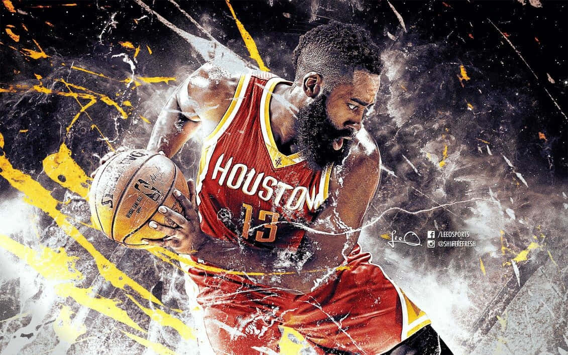 Cartoon NBA Players 桌布 壁紙 — 一位身穿休士頓球衣的動感數位藝術籃球運動員，在爆炸性的黃色和白色油漆飛濺中專注地運球。