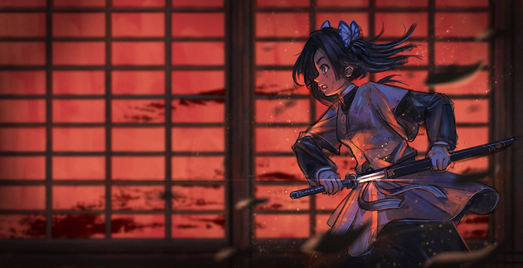 aoi kanzaki 桌布 壁紙 — 一位身穿傳統服飾、意志堅定的動漫女孩，在發光的紅色障子屏幕背景下揮舞著武士刀。