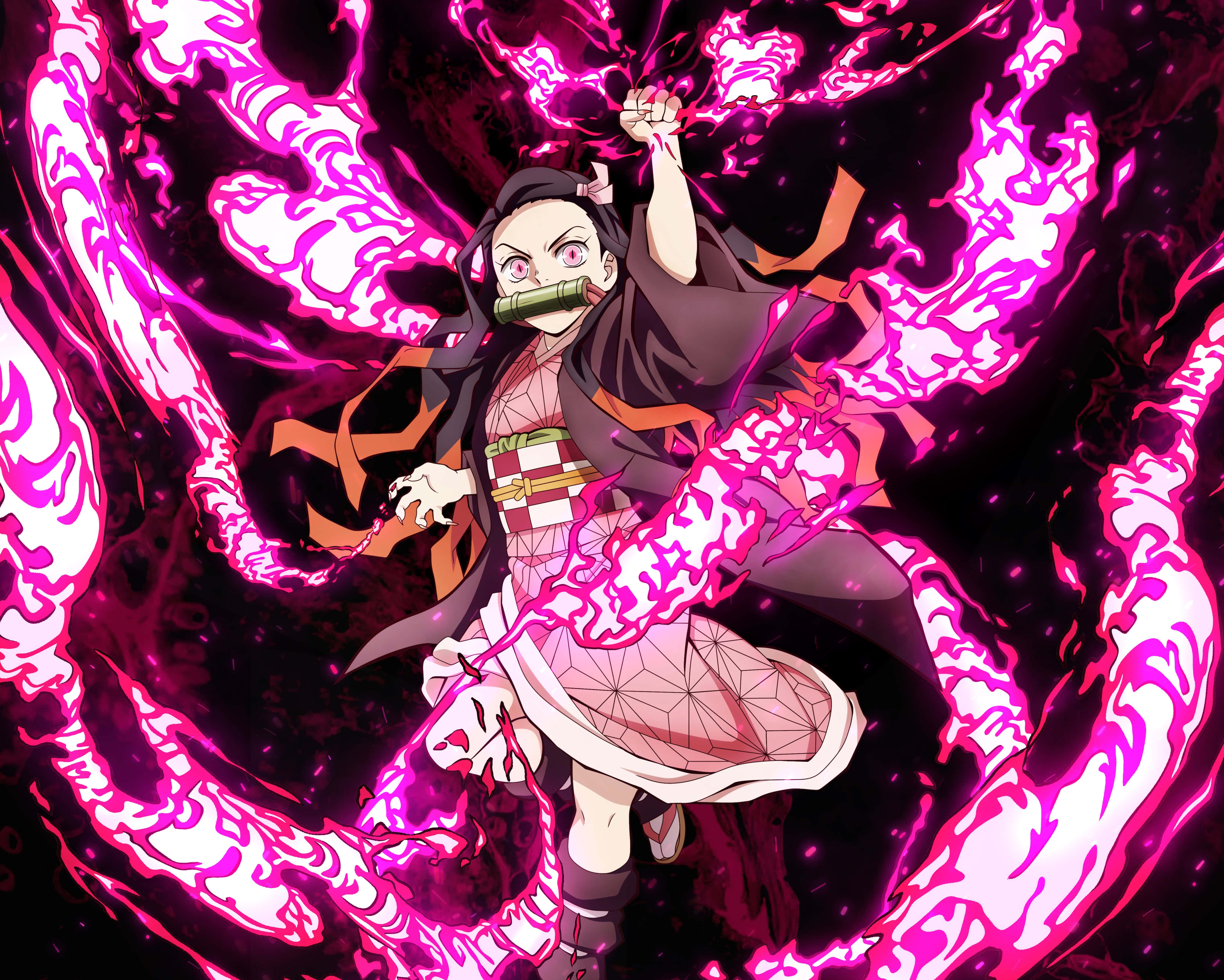Cool Nezuko 桌布 壁紙 — 一位身穿傳統服飾、意志堅定的動漫女孩，在黑暗背景下揮舞著發光的粉紅色能量觸手。