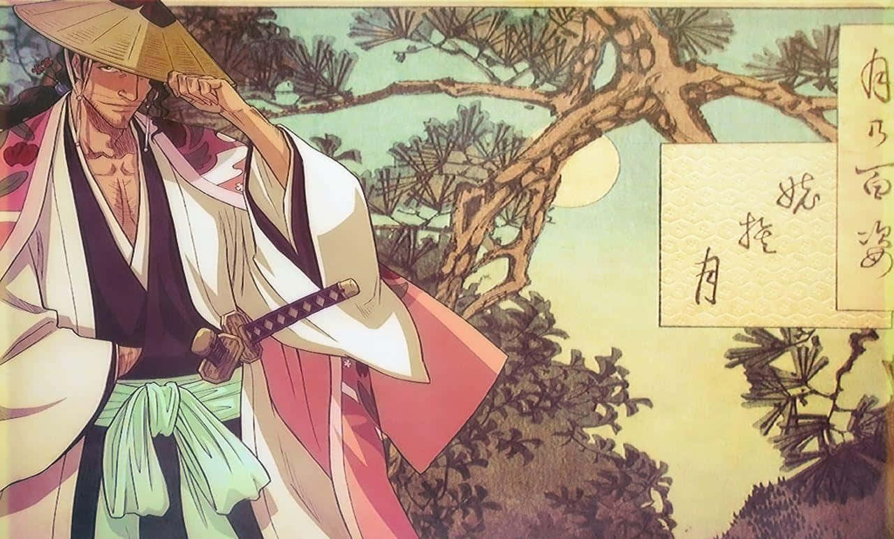 Shunsui Kyoraku 桌布 壁紙 — 一位身穿傳統服飾、戴著草帽的武士站在松樹下，身後一輪滿月閃耀。