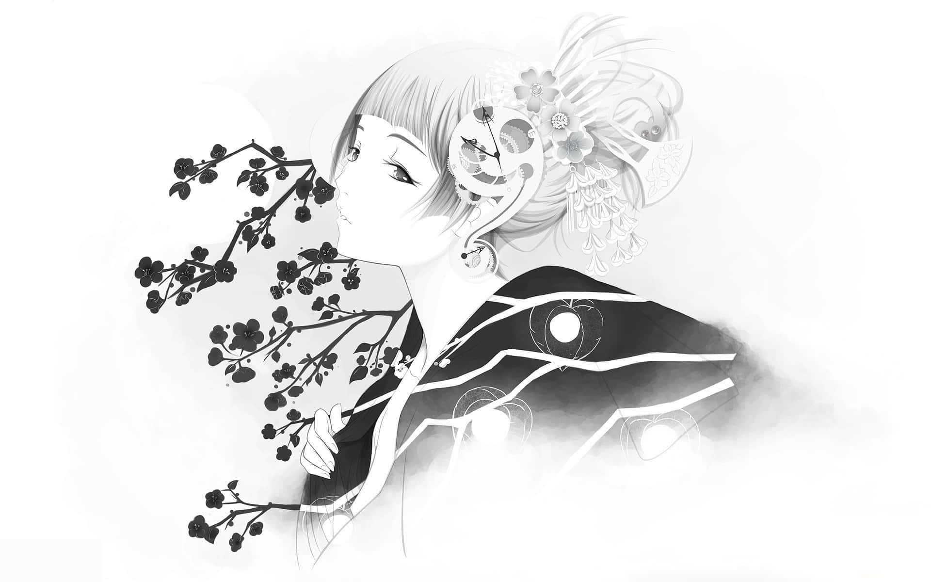 Cartoon Drawing 桌布 壁紙 — 一位身穿傳統服飾的單色動畫女孩，在柔和的漸變背景上輕輕握著櫻花枝。