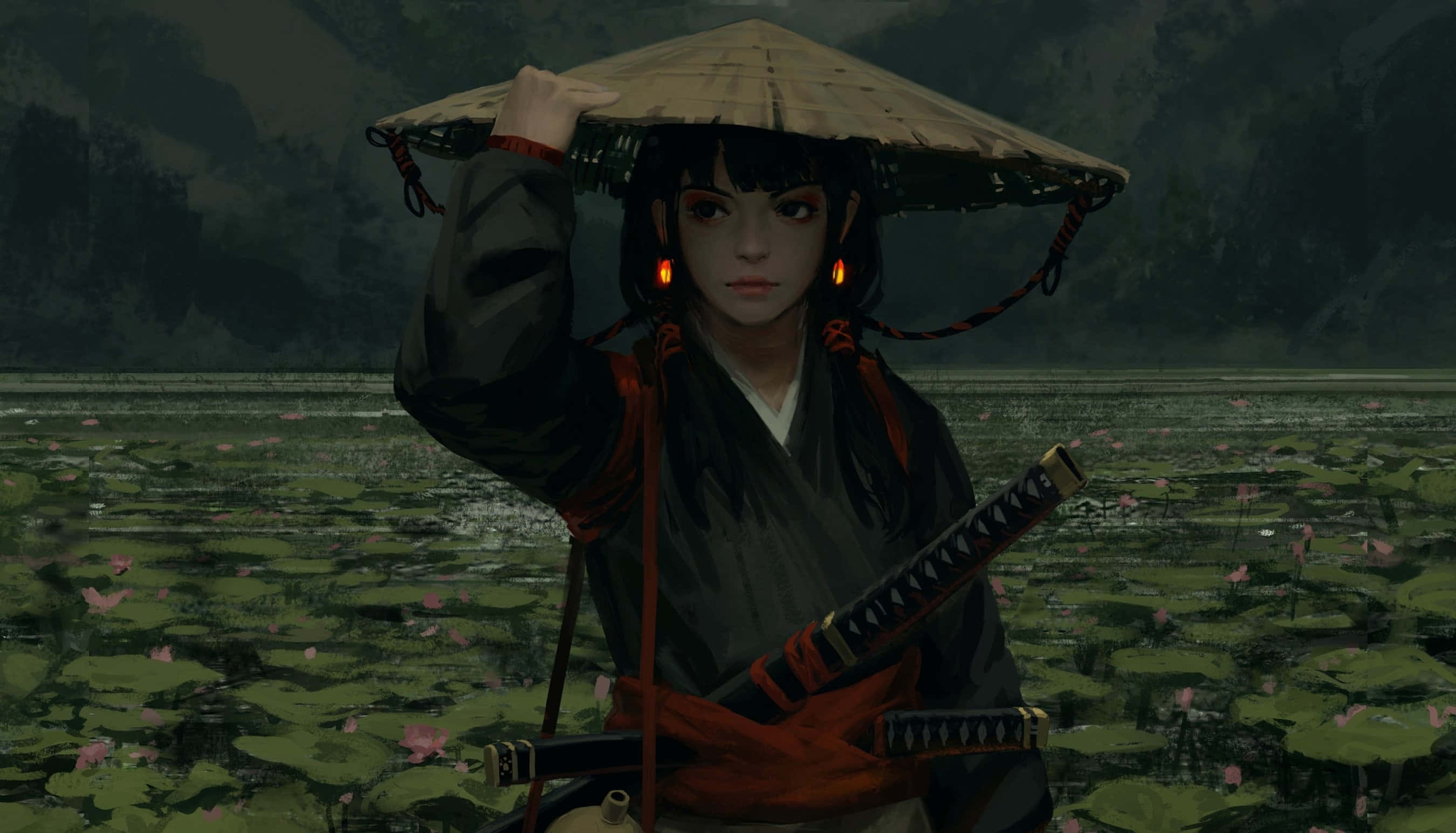Ronin 桌布 壁紙 — 一位身穿傳統服飾的女武士站在佈滿蓮花的池塘中，手持草帽，腰間佩帶武士刀。