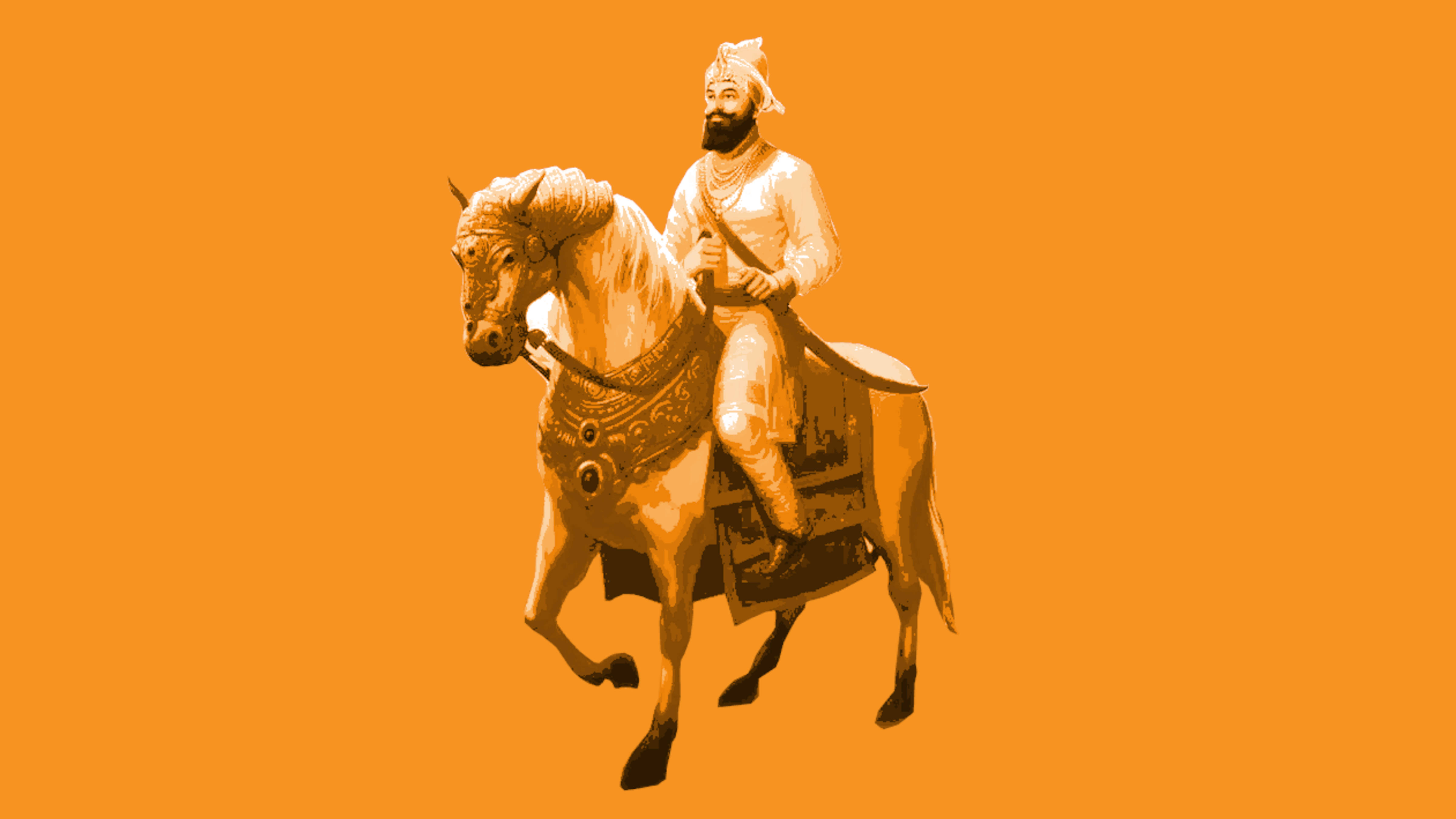Guru Gobind Singh Ji 桌布 壁紙 — 一位身穿傳統服飾的威嚴騎手，騎著裝飾華麗的馬匹，在純橙色背景上奔馳。