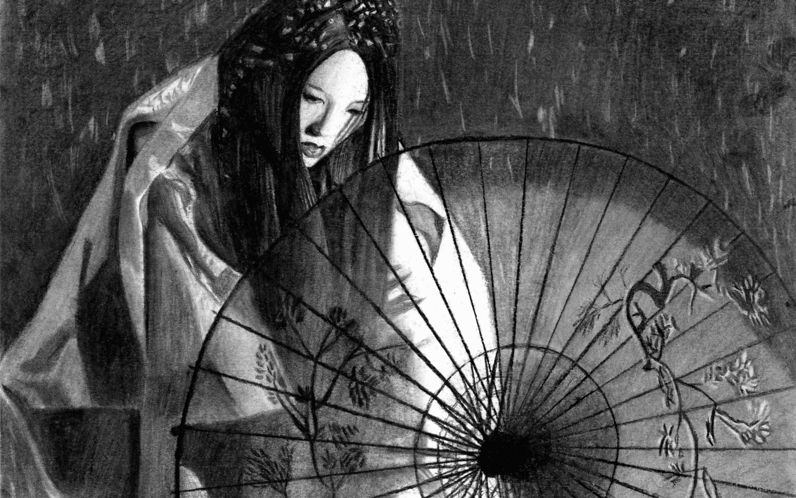 Umbrella 桌布 壁紙 — 一位身穿傳統服飾的憂鬱女子，在單色素描中，雨點灑落四周，她手持一把精緻的扇子。