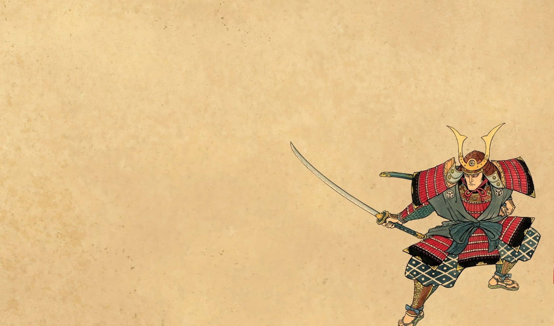 武士動畫 桌布 壁紙 — 一位身穿傳統盔甲的武士，在陳舊羊皮紙背景上手持武士刀，擺出架勢。