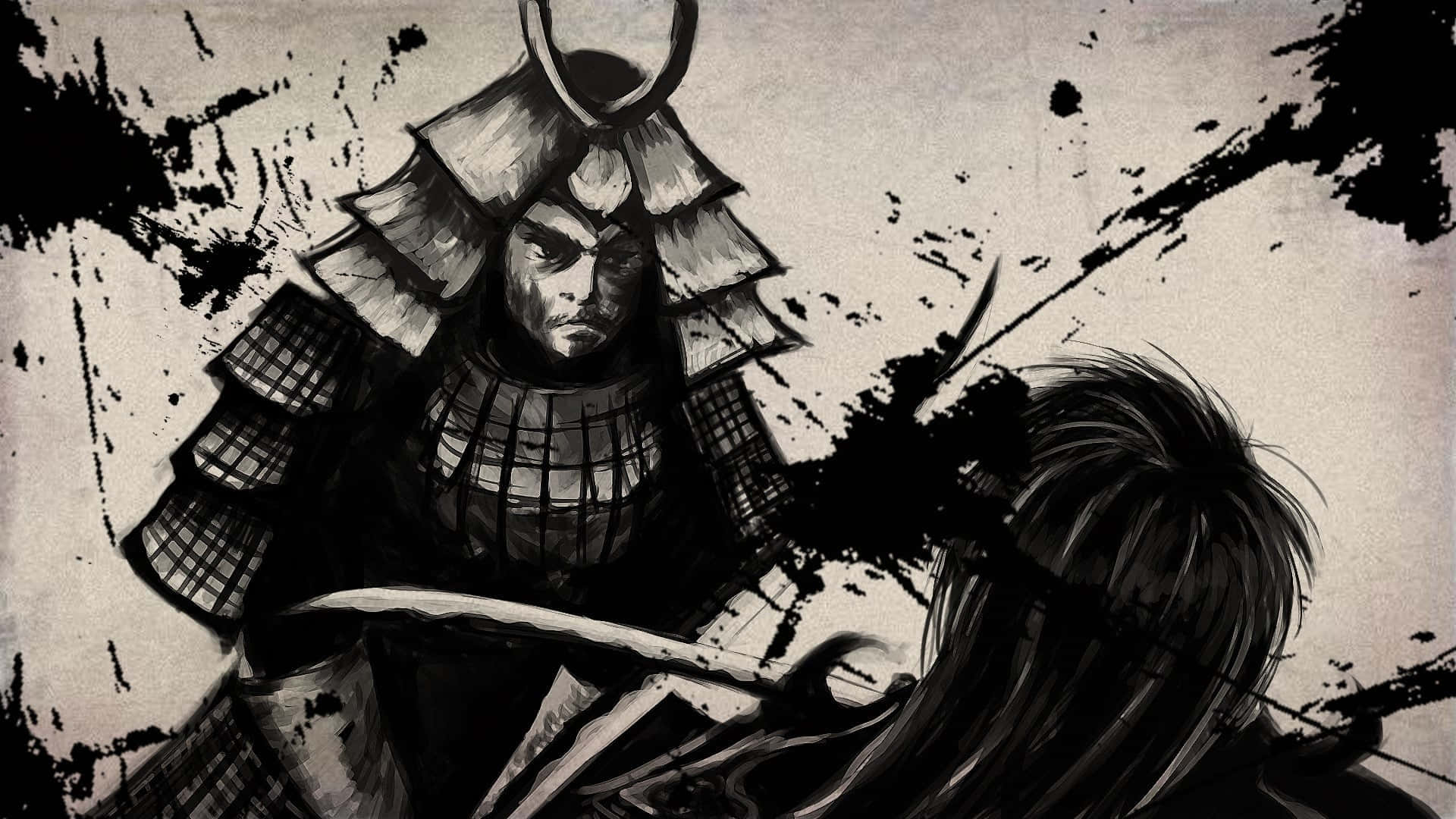 武士動畫 桌布 壁紙 — 一位身穿傳統盔甲的武士戰士，在動態黑色墨水飛濺風格的插圖中凝視著對手。