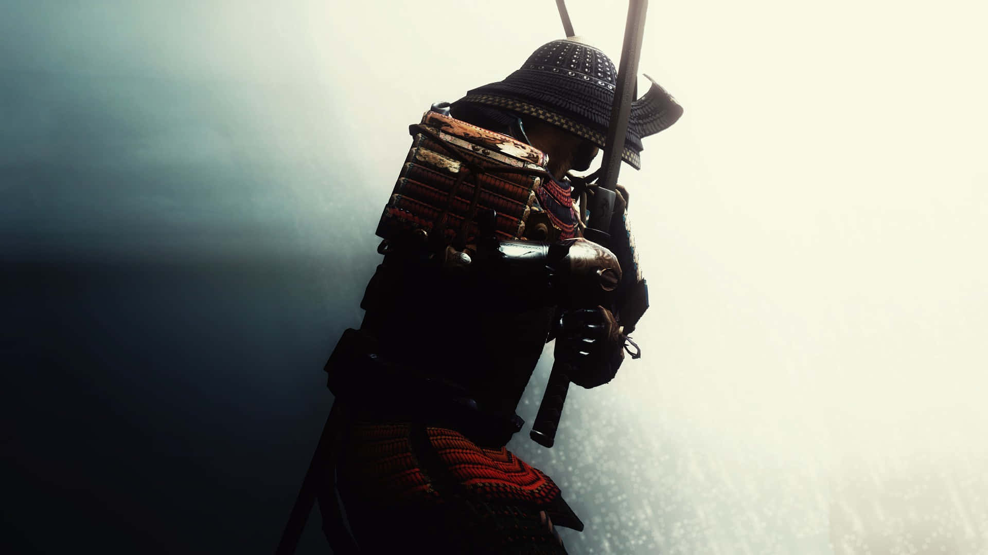 Bushido 桌布 壁紙 — 一位身穿傳統盔甲的武士戰士在朦朧霧氣背景中呈現剪影，手持武士刀。