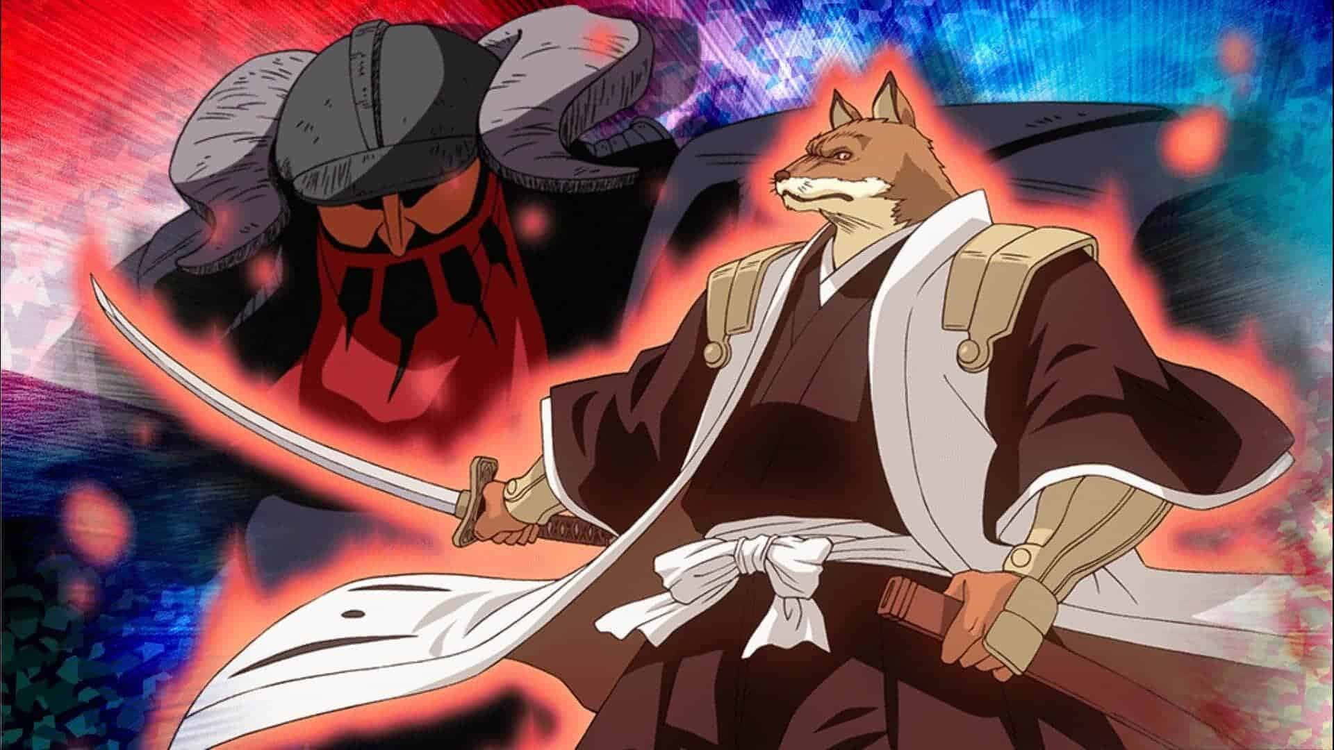 Sajin Komamura 桌布 壁紙 — 一位身穿傳統長袍的狐狸戰士，在激烈的動漫戰鬥場景中，揮舞著發光的劍對抗蒙面敵人。